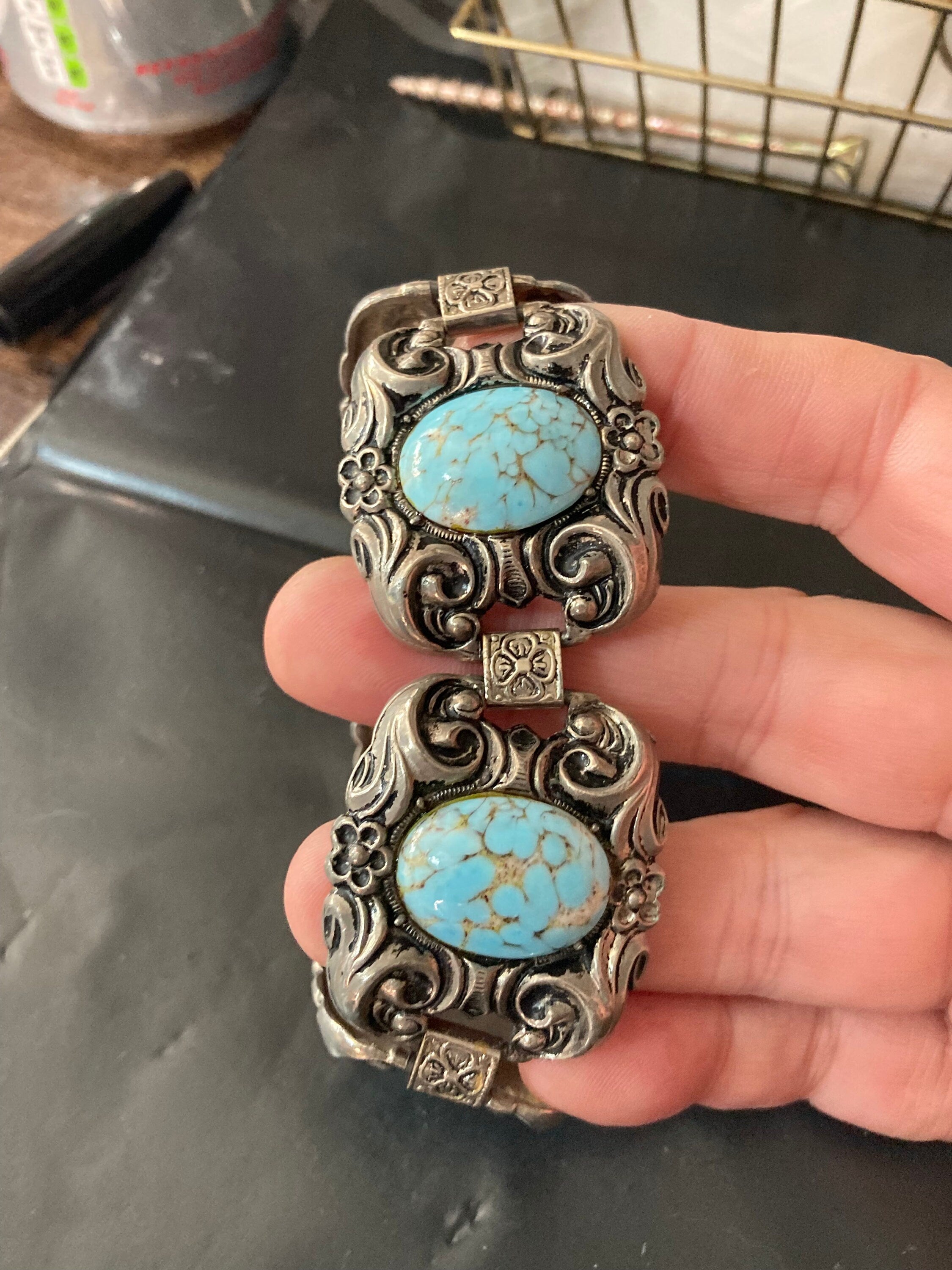 Vintage chunky faux turquoise cabochon panel link bracelet pressed metal