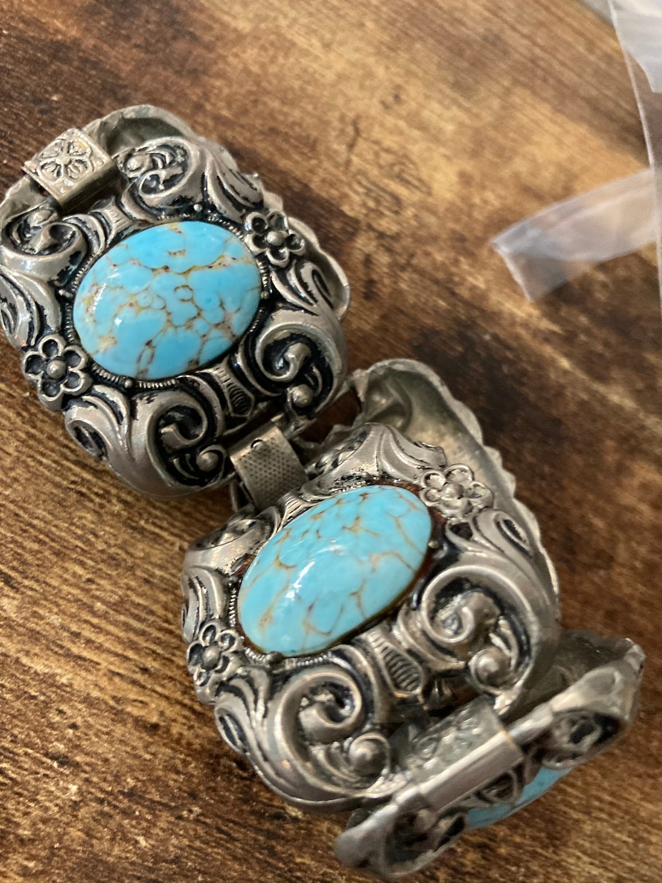 Vintage chunky faux turquoise cabochon panel link bracelet pressed metal