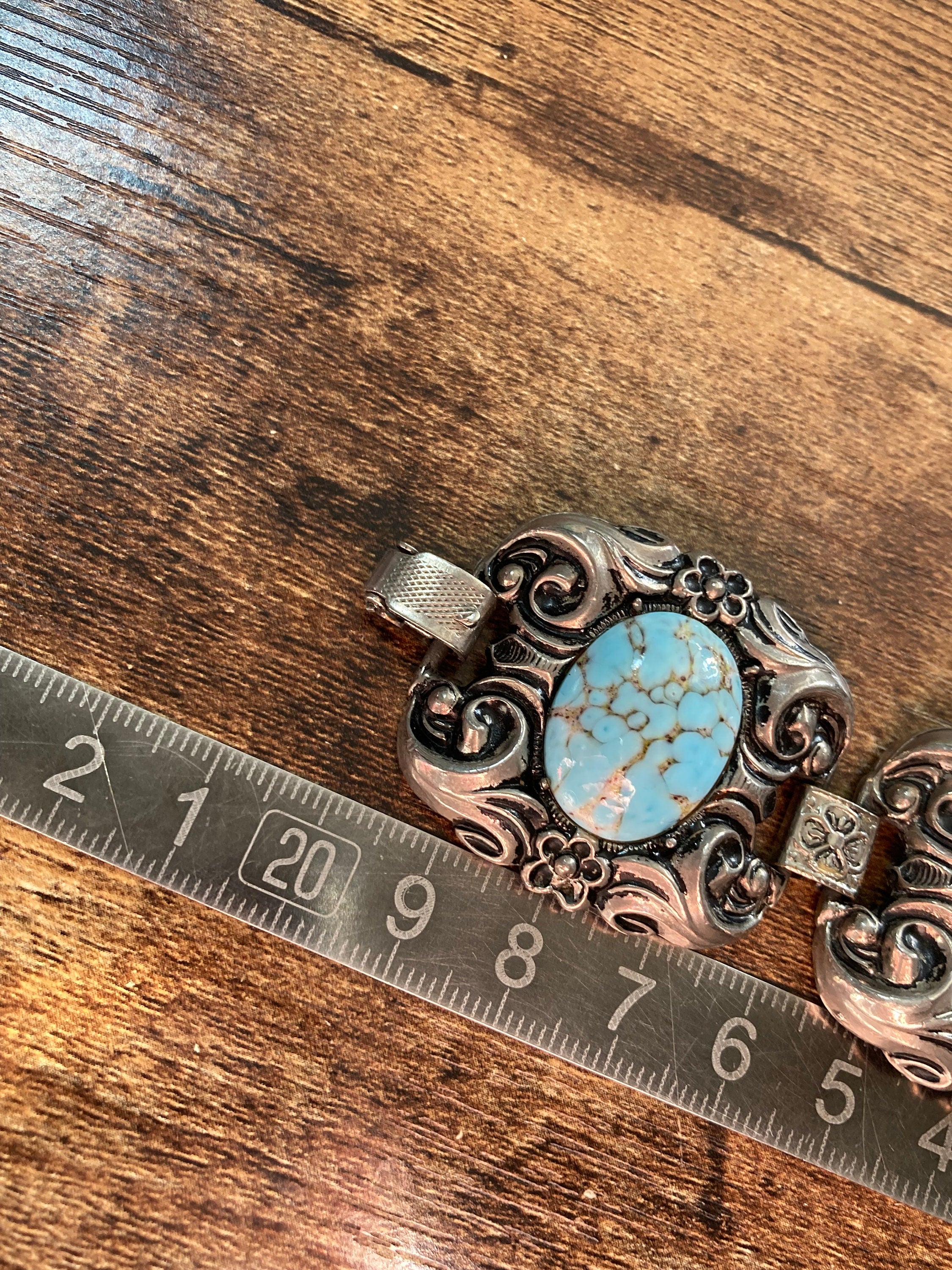 Vintage chunky faux turquoise cabochon panel link bracelet pressed metal
