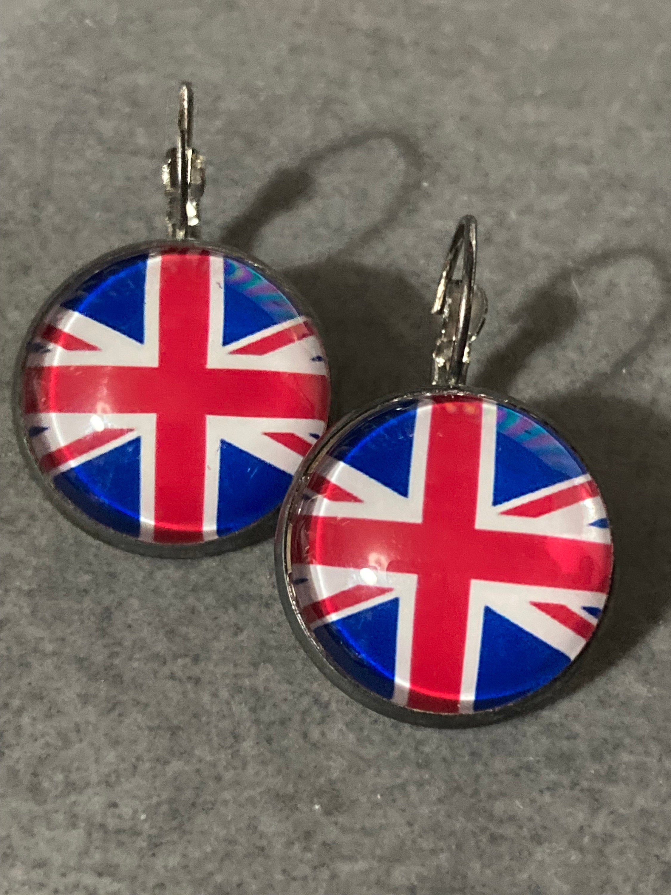 20mm Union Jack glass cabochon earrings UK British flag round silver tone handmade