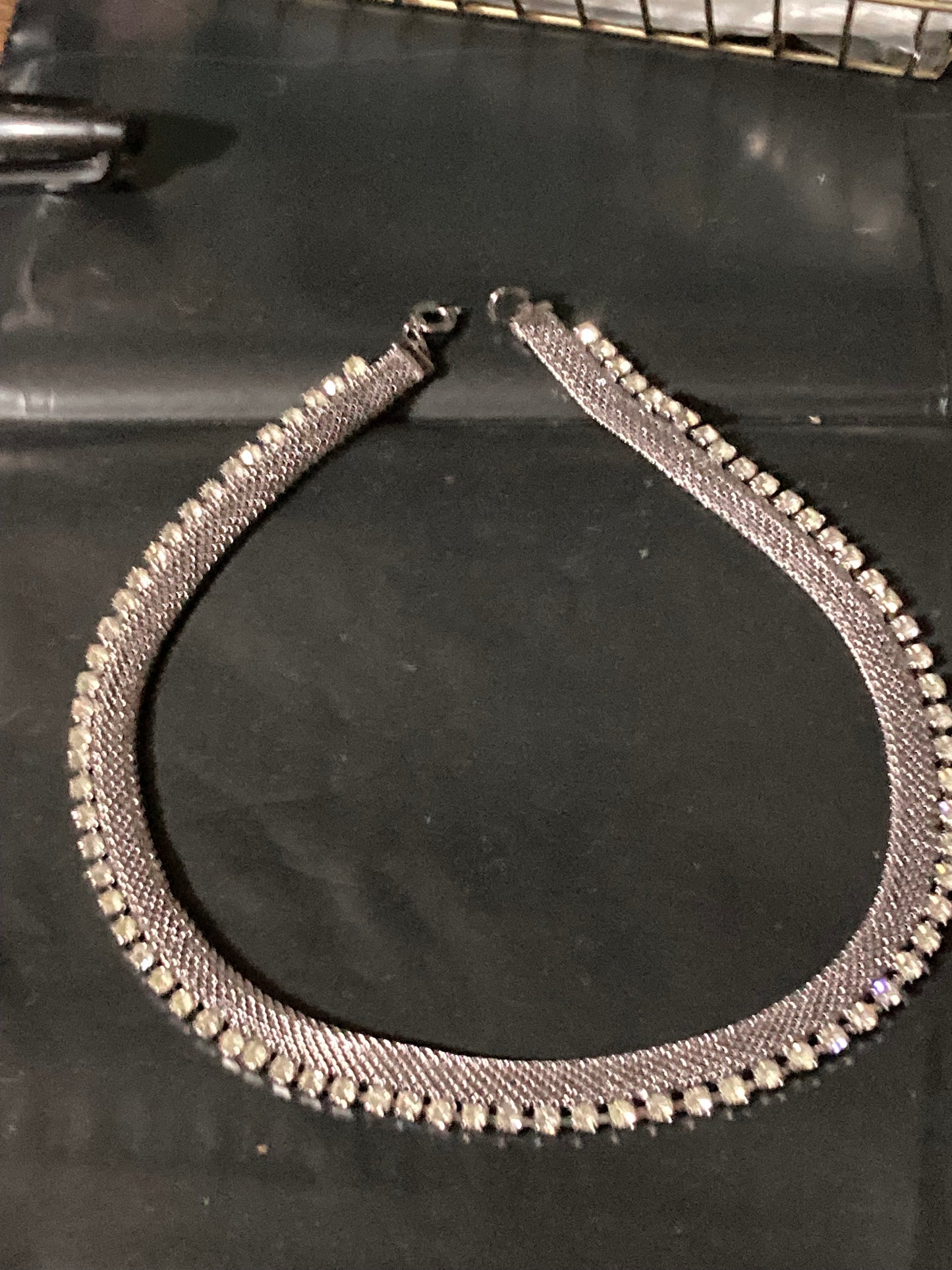 True Vintage pristine 1970s silver mesh clear rhinestone diamanté choker necklace old shop stock