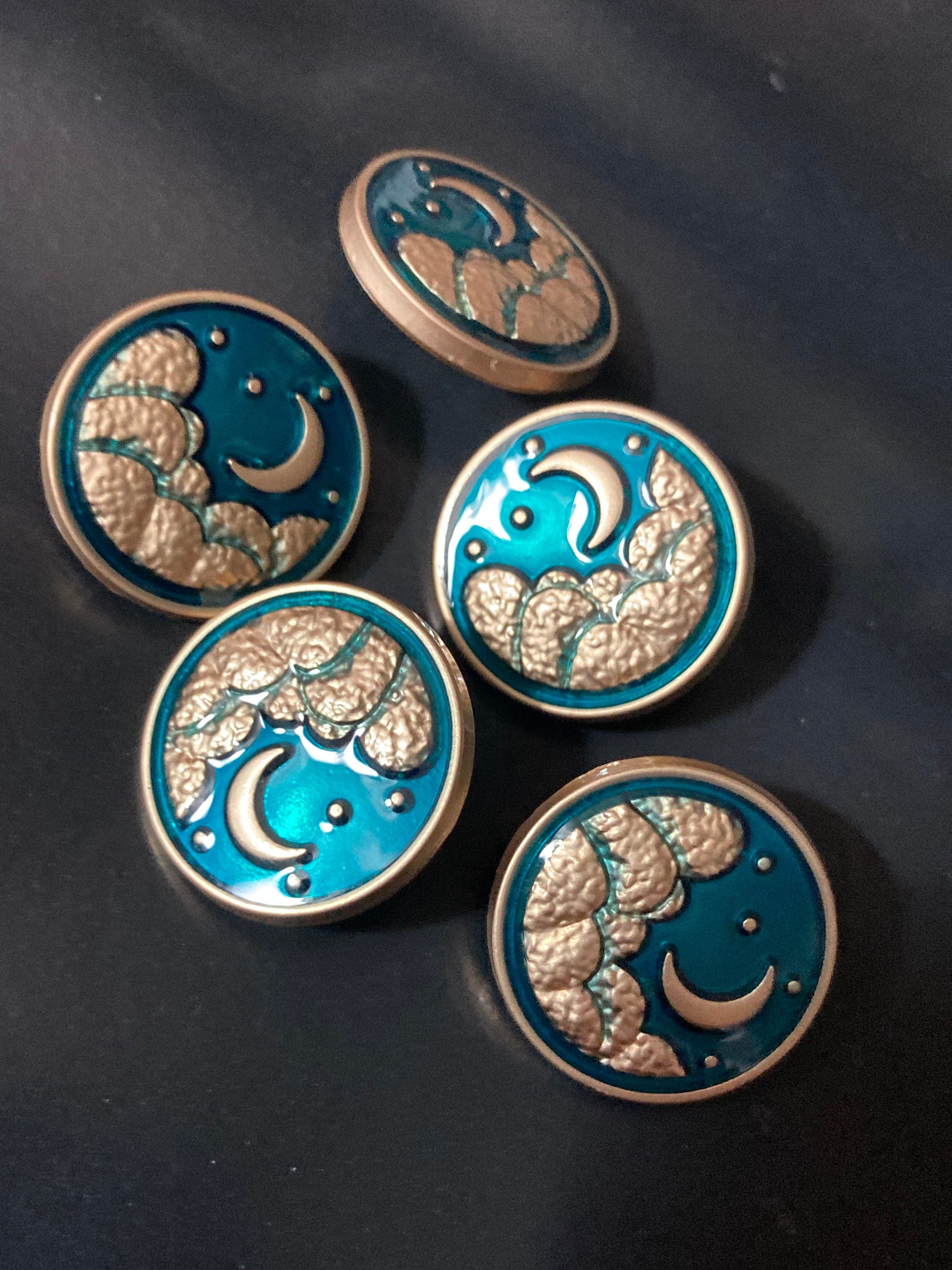 gold tone blue enamel star and moon buttons with metal shank, Pack 5 x 20mm