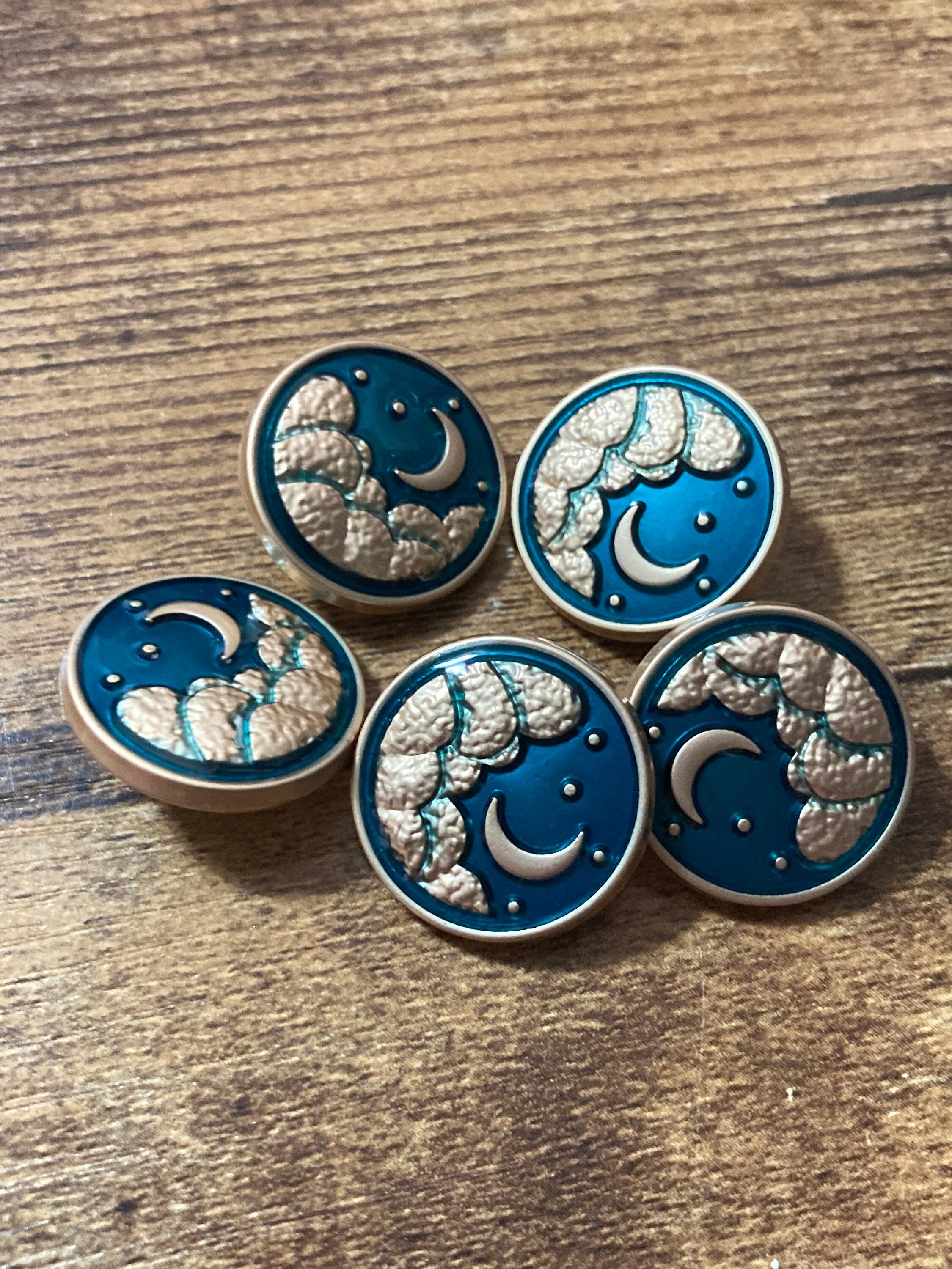 gold tone blue enamel star and moon buttons with metal shank, Pack 5 x 20mm