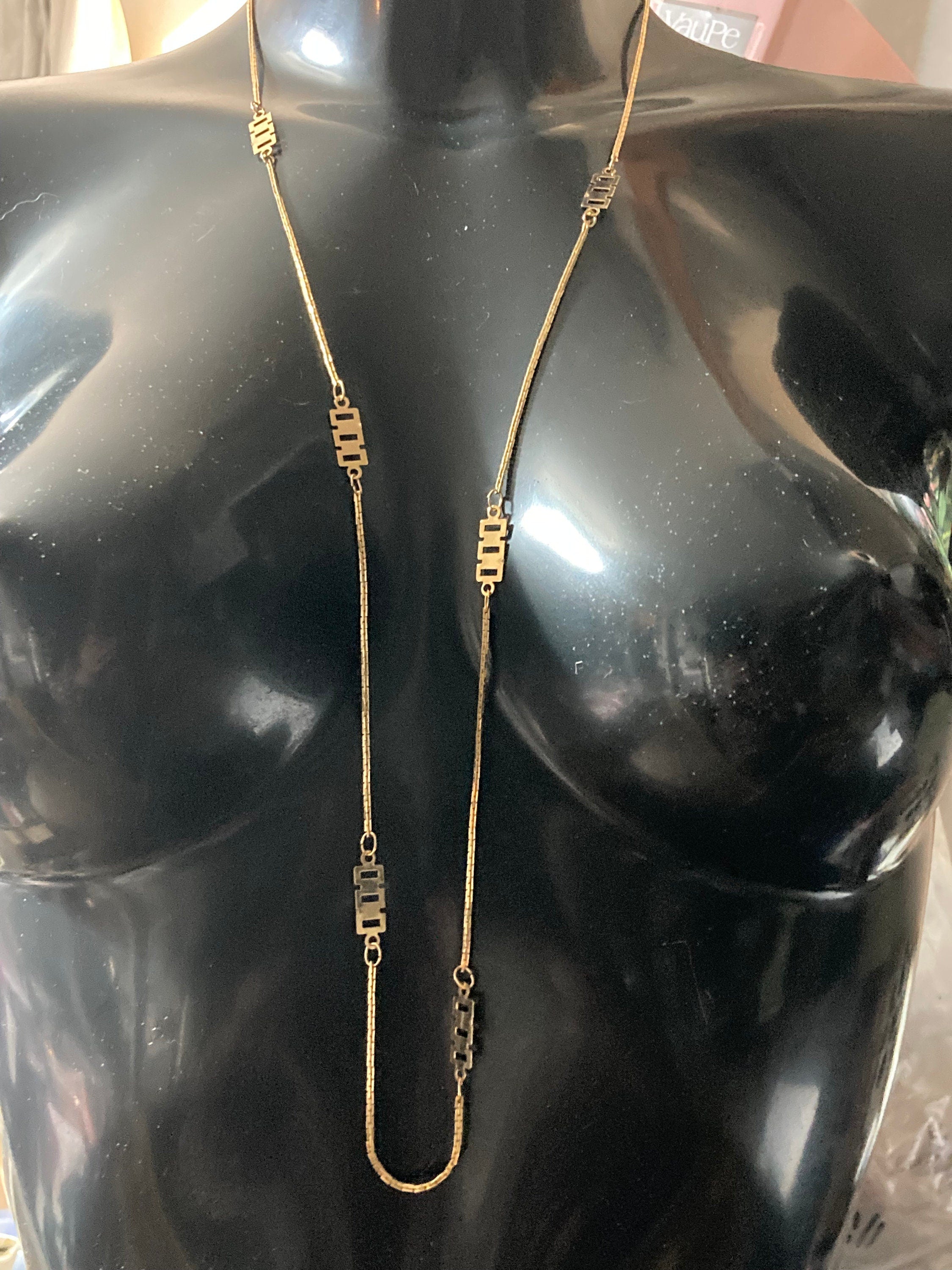 26” 86cm very long fine 1980s thick gold plated fancy link geometric station necklace for layering