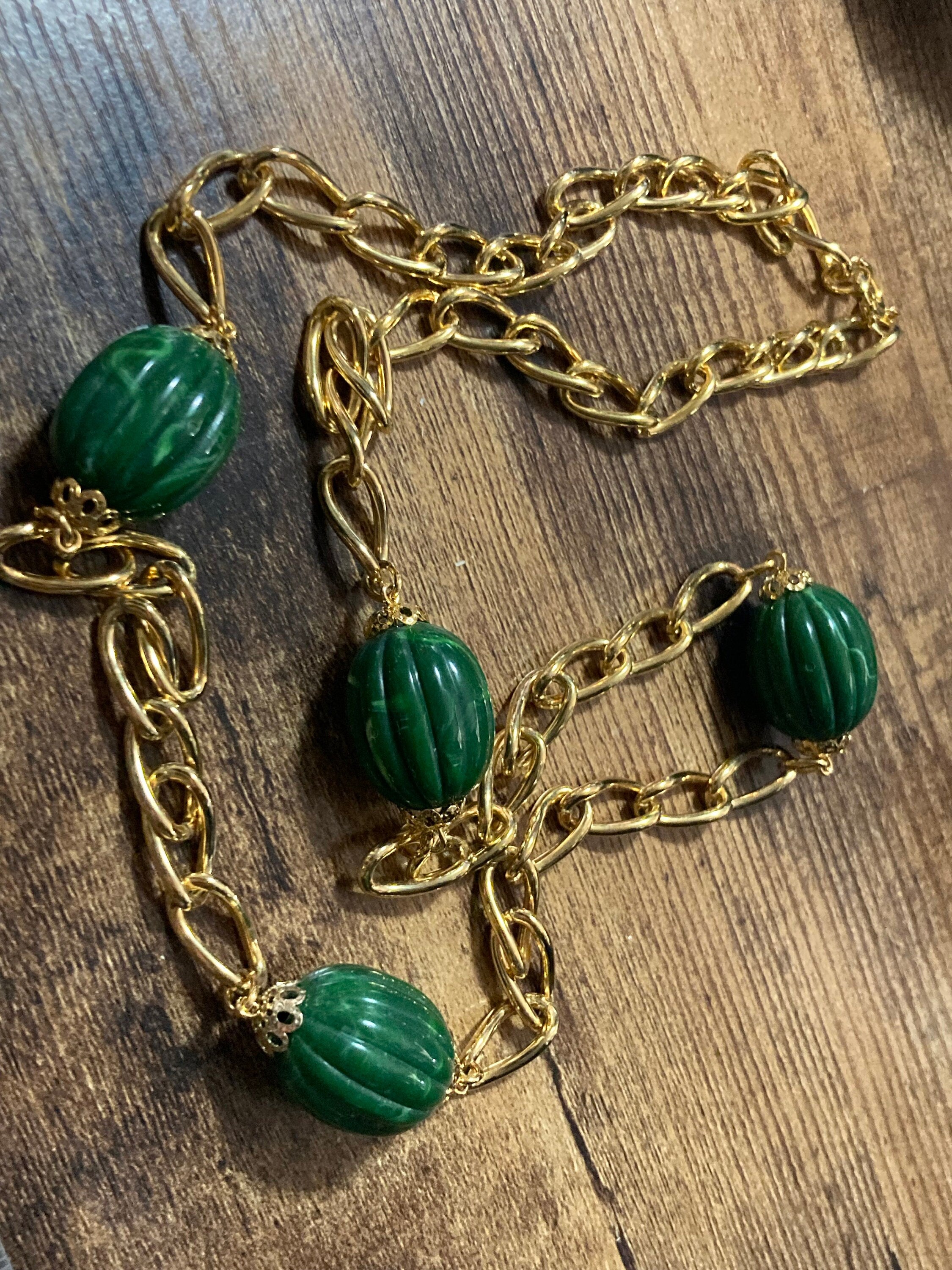 23.5” 78cm long 1980s thick gold plated big green watermelon beaded station necklace for layering