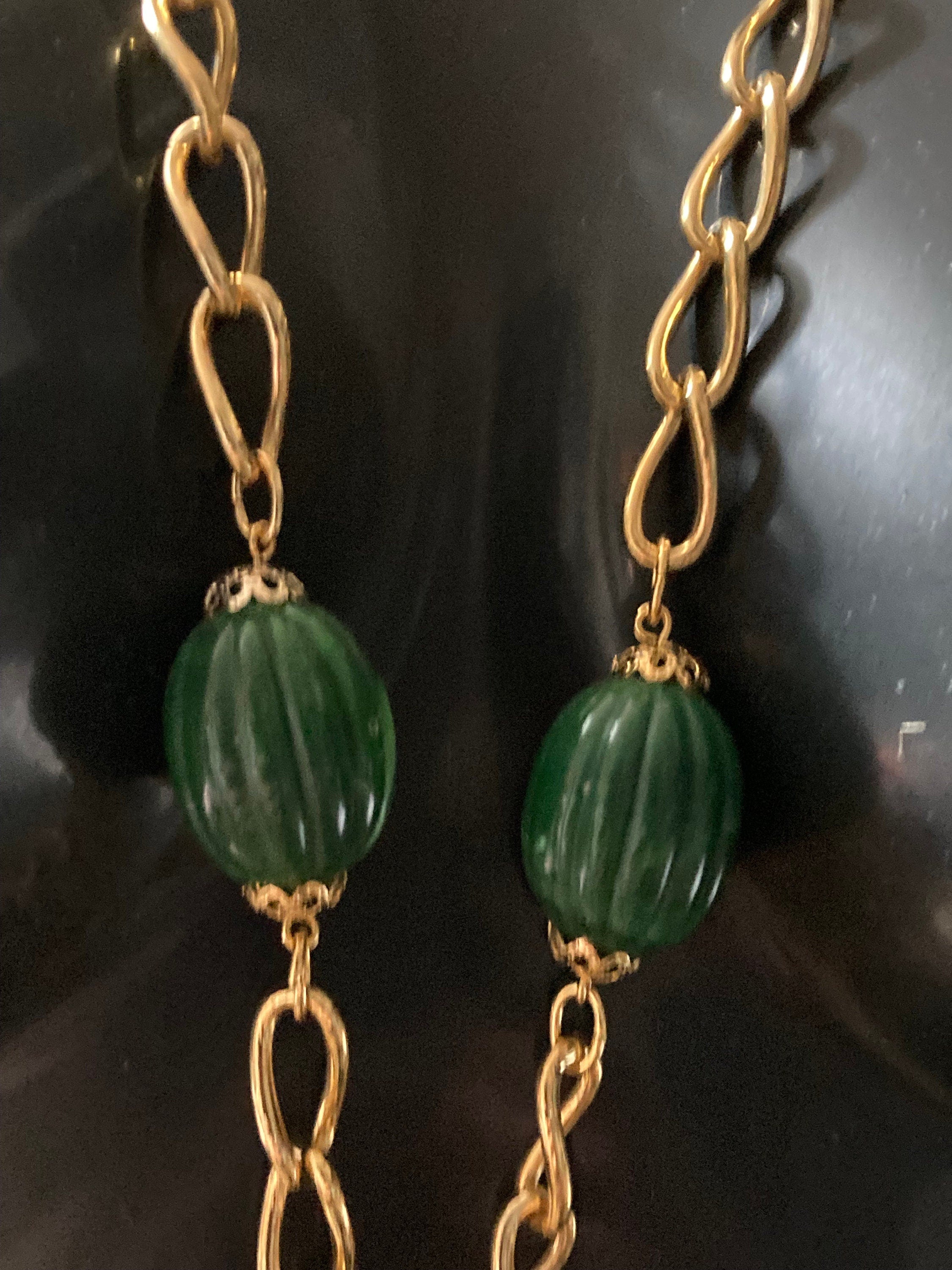 23.5” 78cm long 1980s thick gold plated big green watermelon beaded station necklace for layering