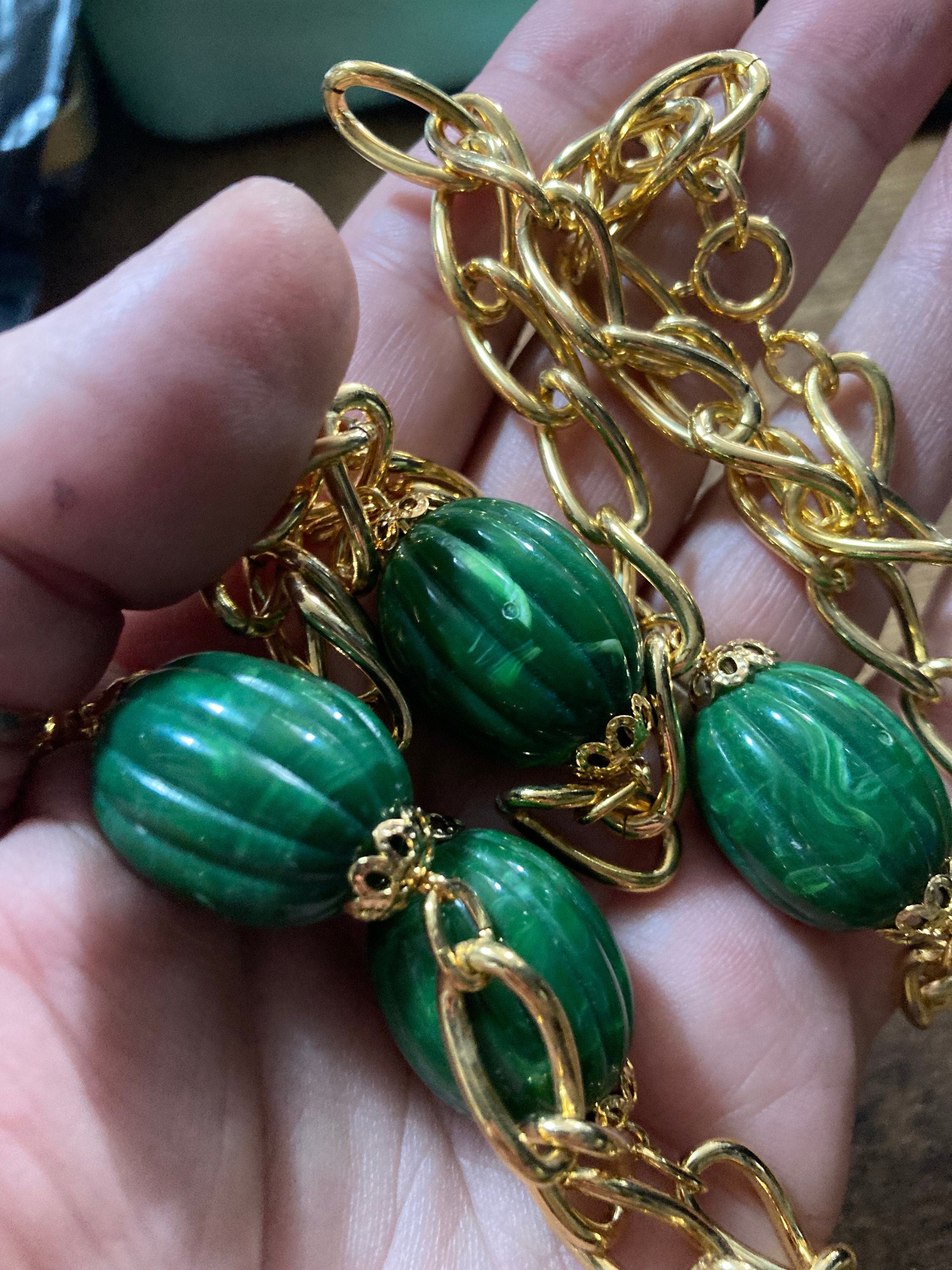 23.5” 78cm long 1980s thick gold plated big green watermelon beaded station necklace for layering