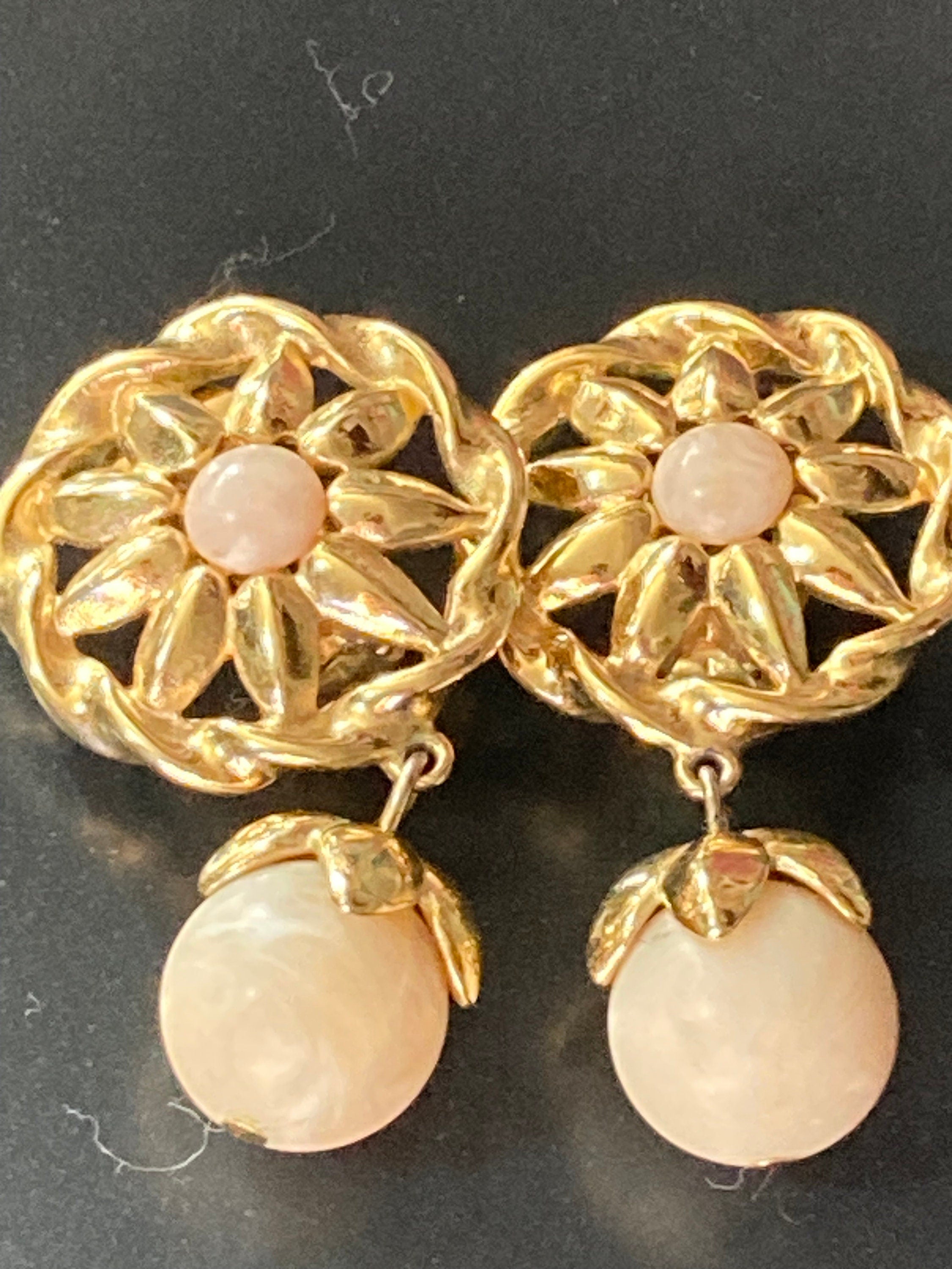 Signed Givenchy oversized neutral cream glass beaded gold dangly drop clip on earrings