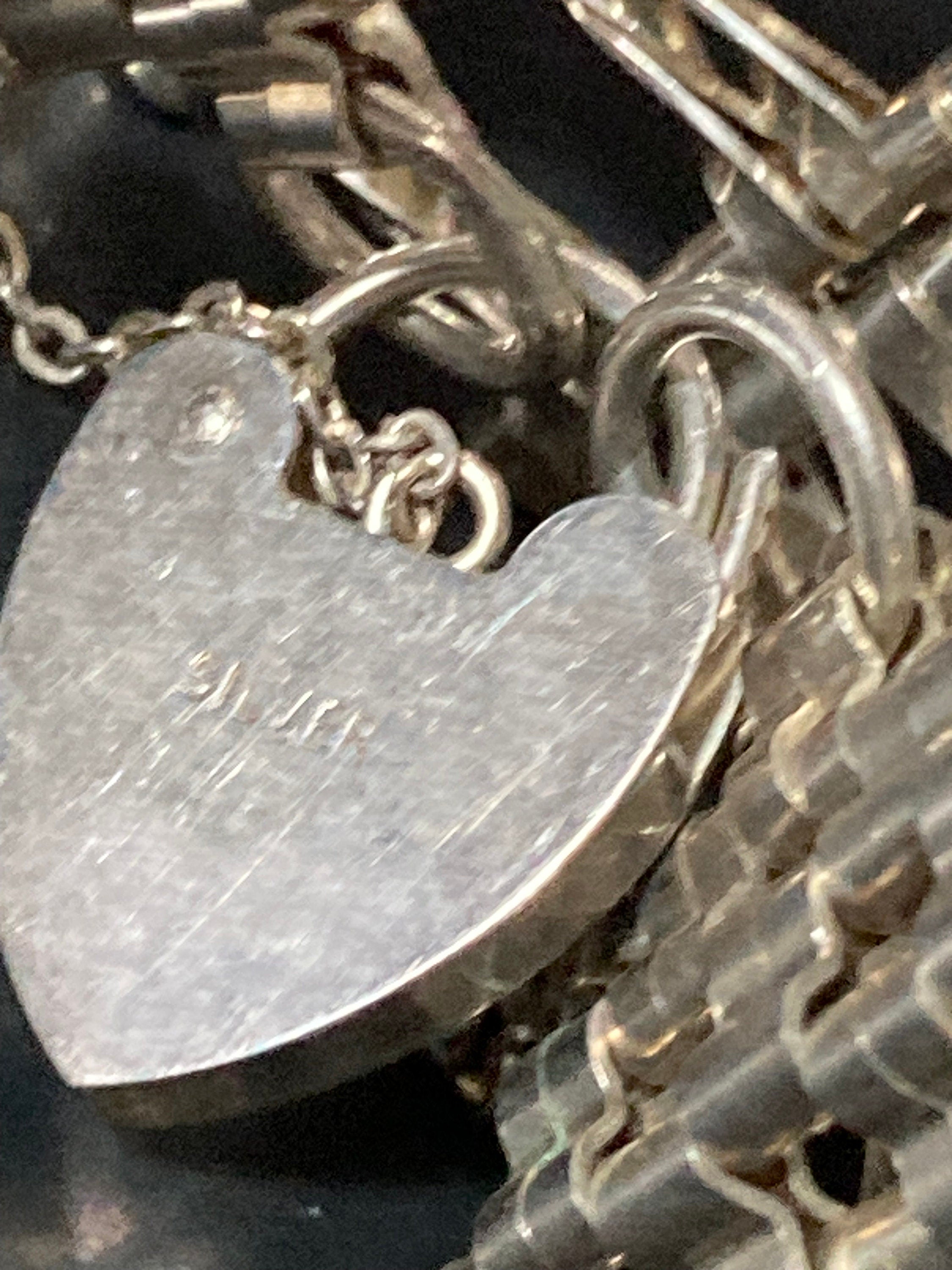 Vintage 925 sterling silver double 4 bar gate bracelet with heart padlock and safety chain