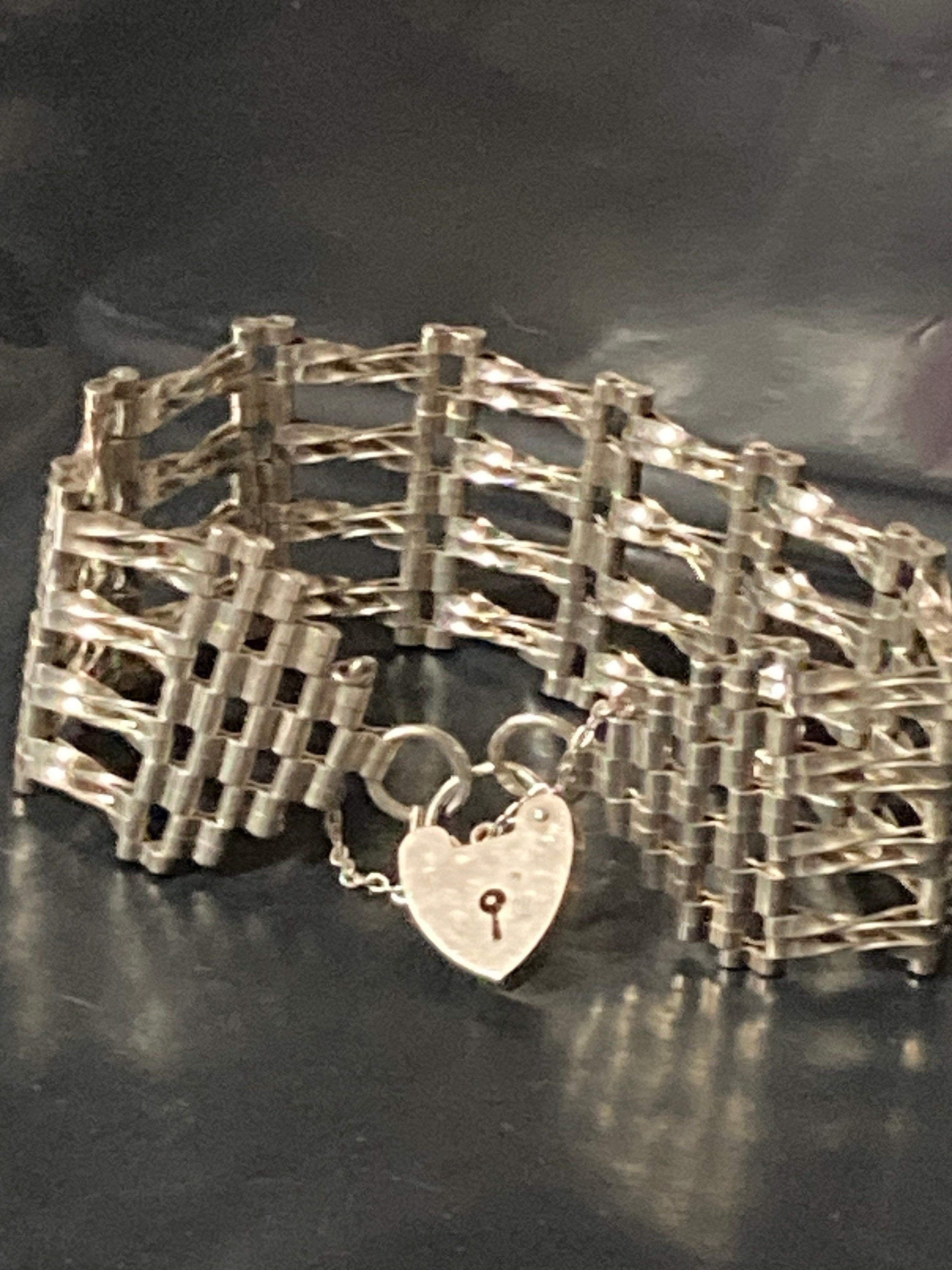 Vintage 925 sterling silver double 4 bar gate bracelet with heart padlock and safety chain