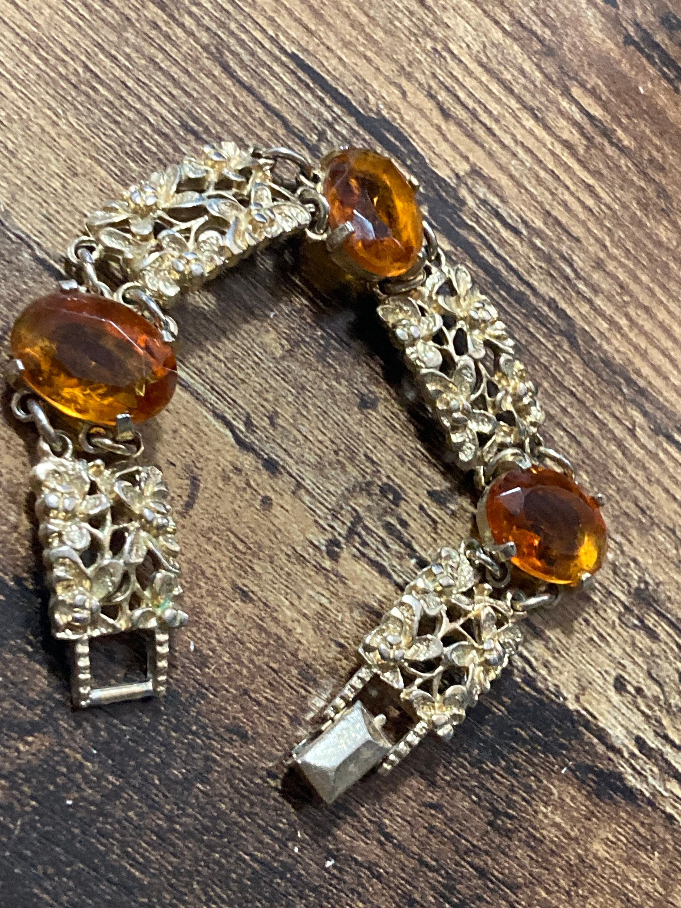 Vintage citrine Glass cocktail bracelet Gold Tone panel link 1960s MCM