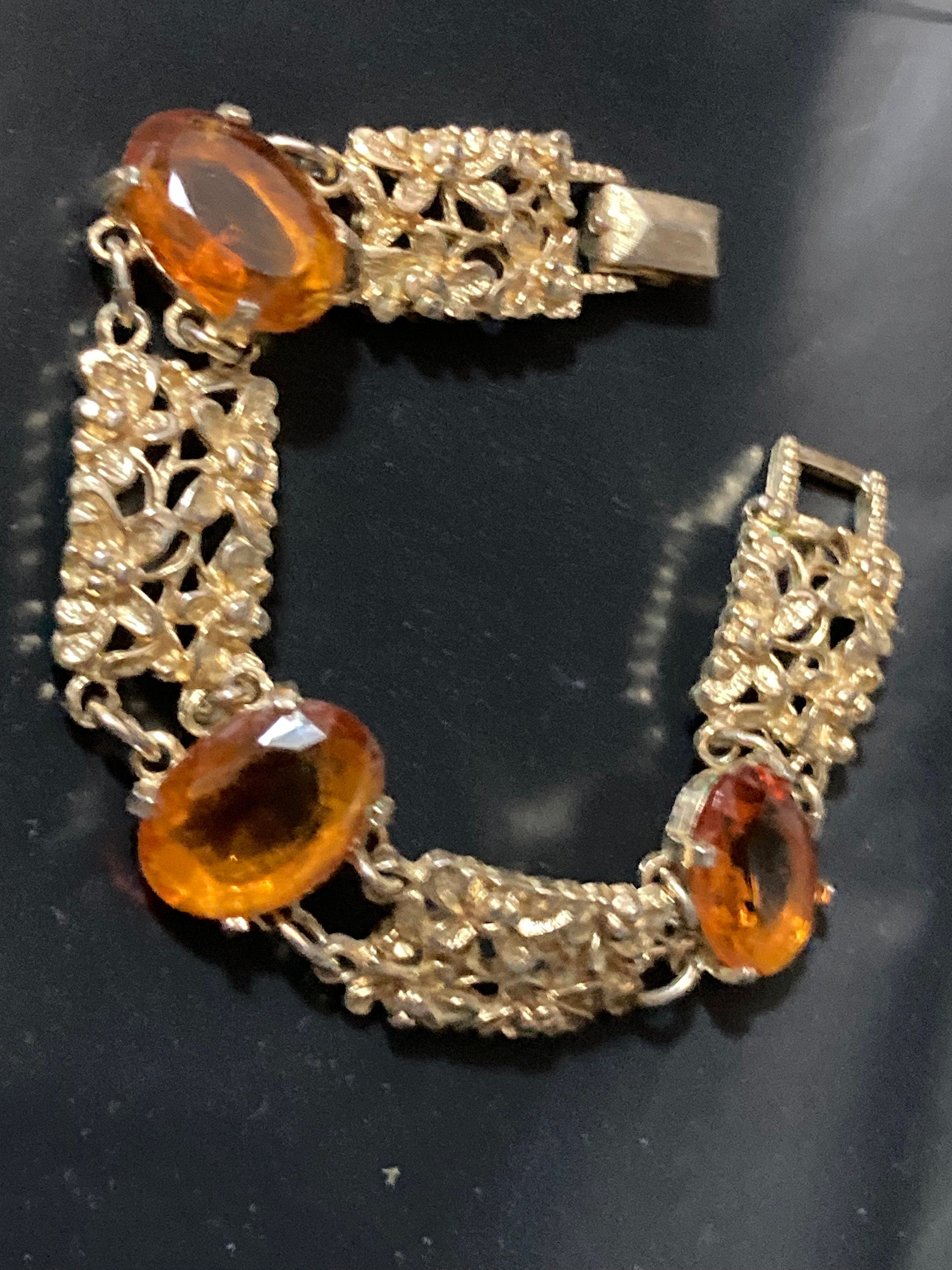 Vintage citrine Glass cocktail bracelet Gold Tone panel link 1960s MCM