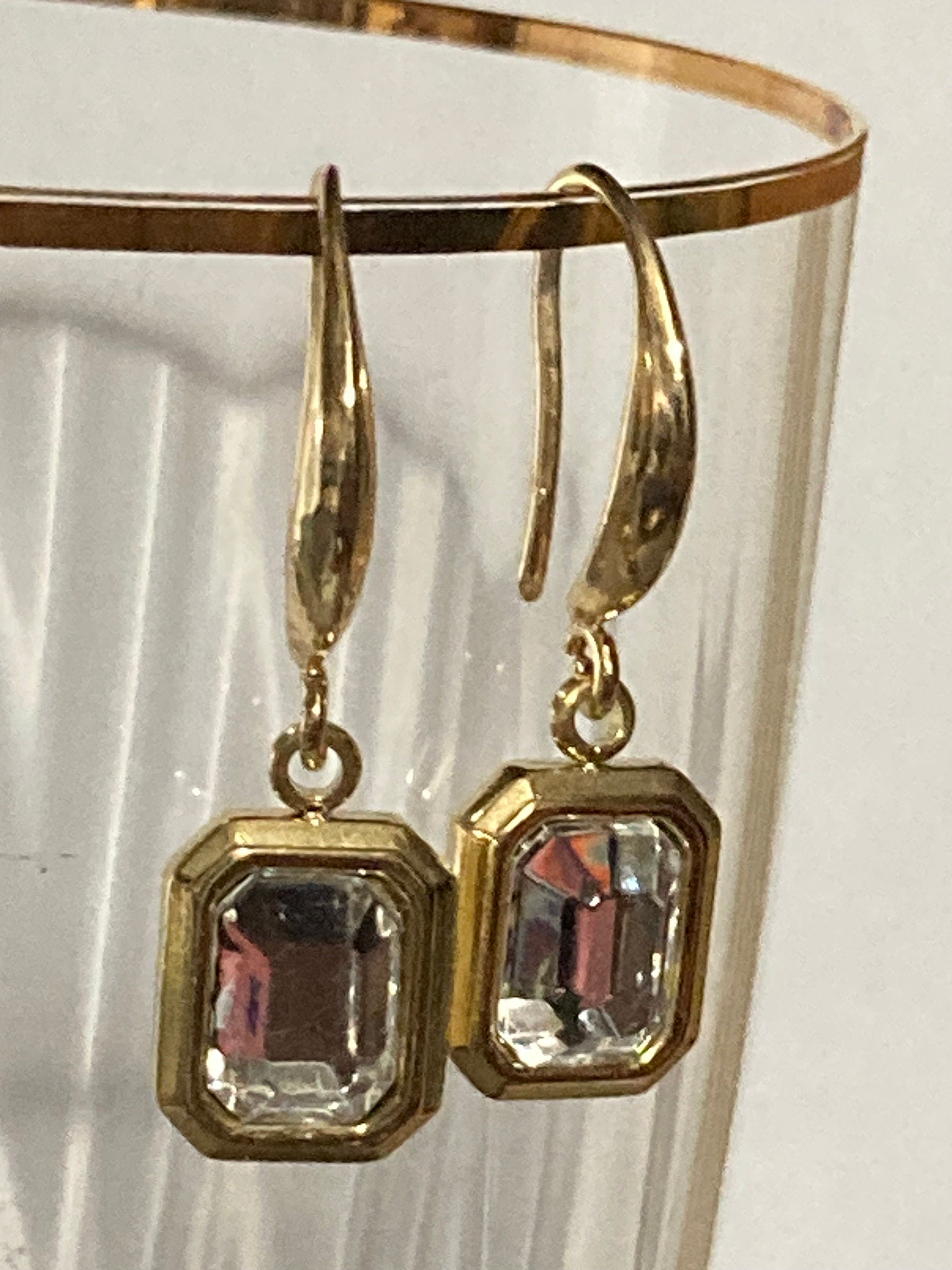 18k gold plated crystal diamanté clear Octagonal drop charm earrings