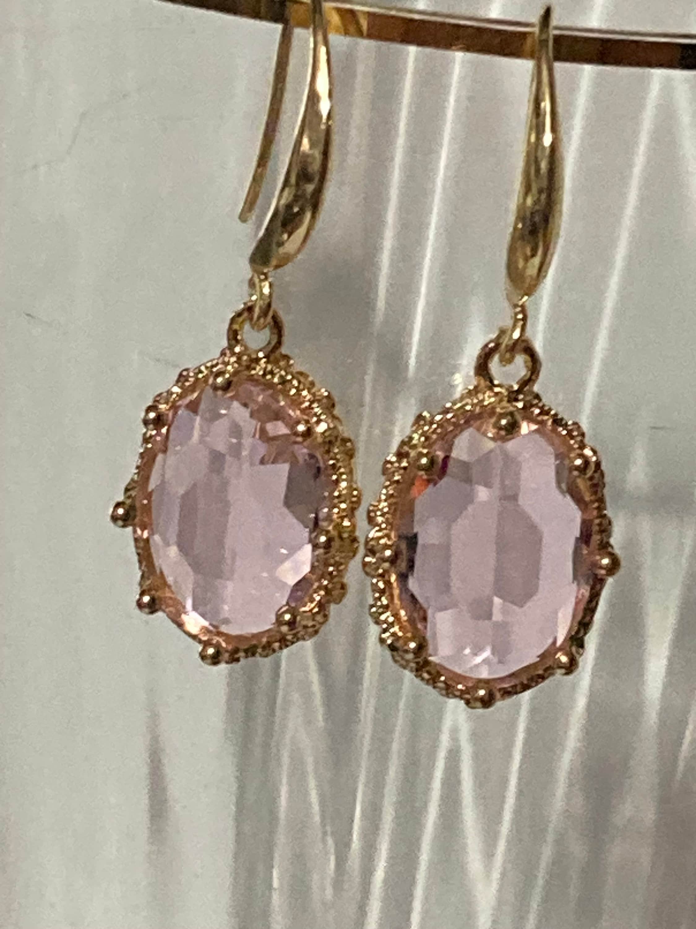 18k gold plated Soft pink crystal diamanté ornate cabochon drop charm earrings