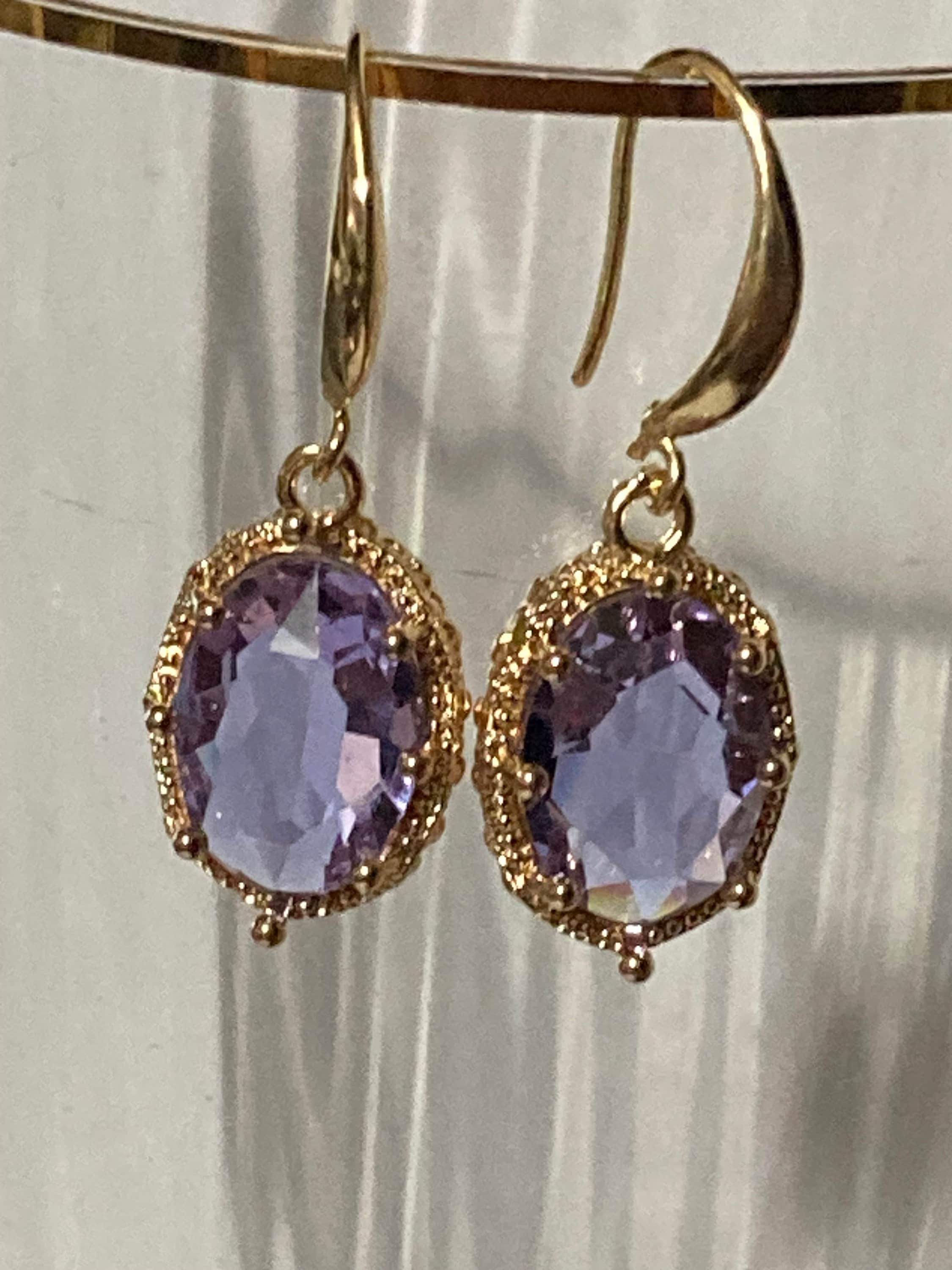 18k gold plated lilac purple crystal diamanté ornate deep set oval crystal cabochon drop charm earrings