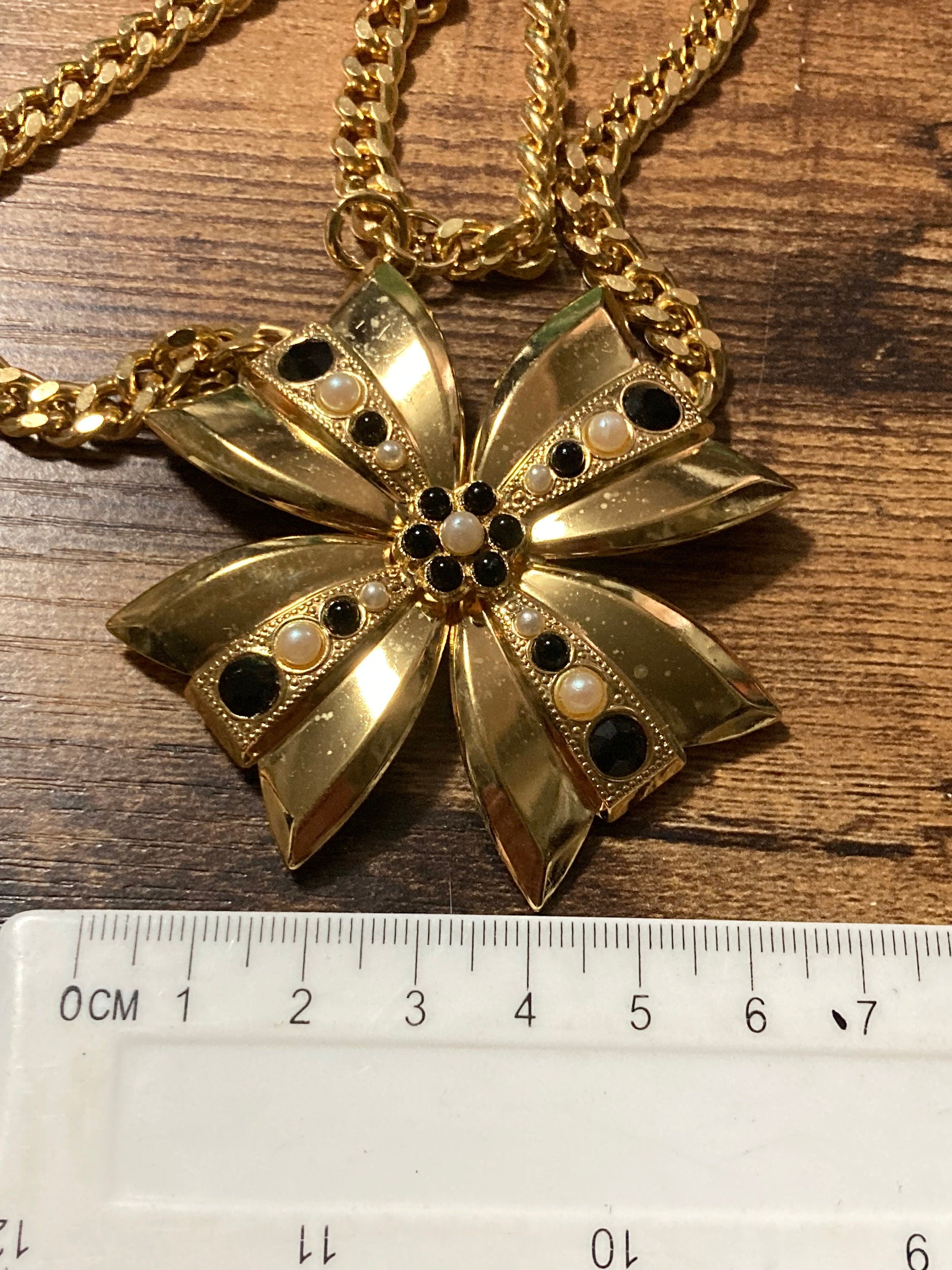 vintage gold tone oversized Maltese cross necklace set with black diamanté and faux pearls