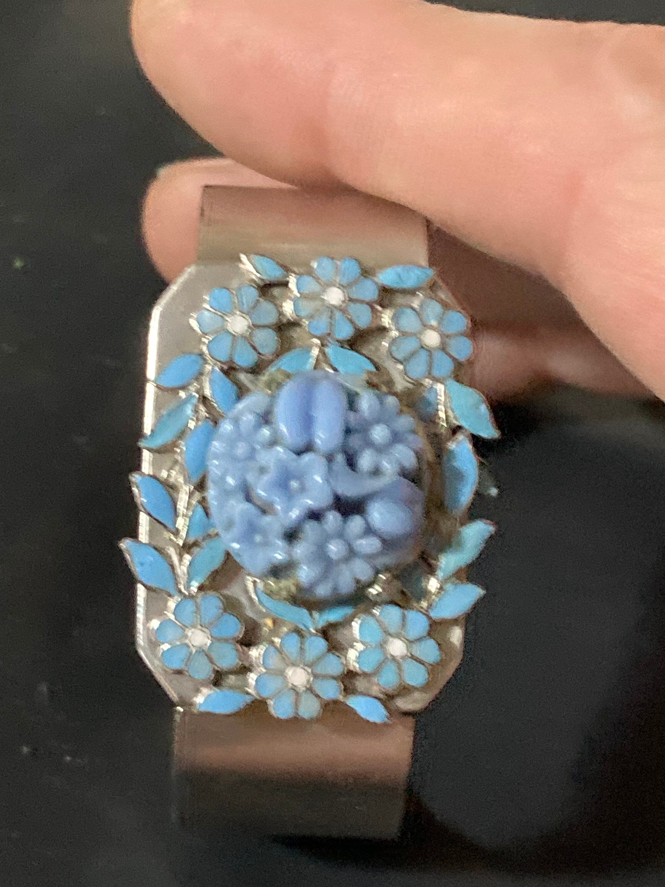 Carved blue glass and enamel floral cabochon wide stainless steel bangle 1970s modernist