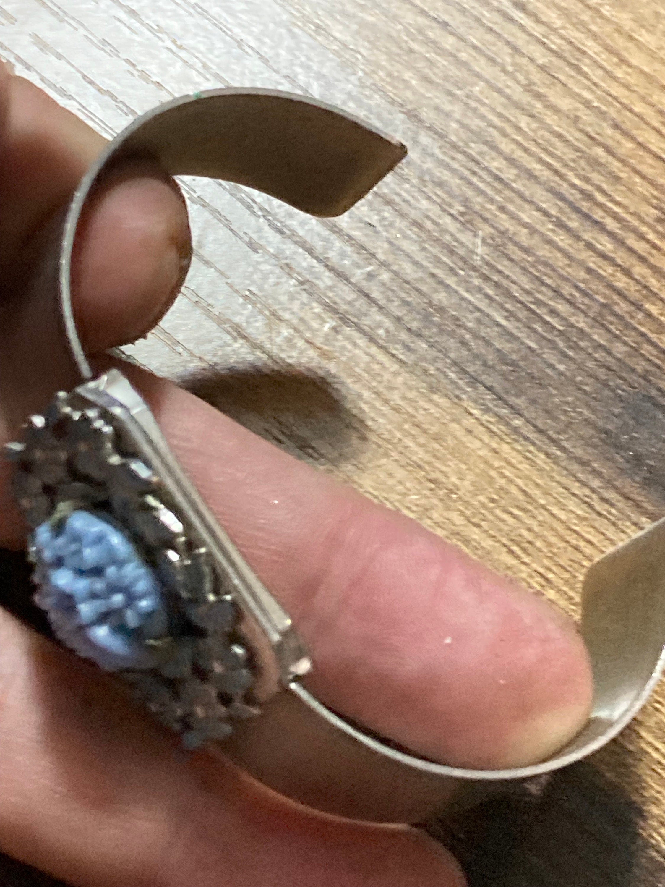 Carved blue glass and enamel floral cabochon wide stainless steel bangle 1970s modernist