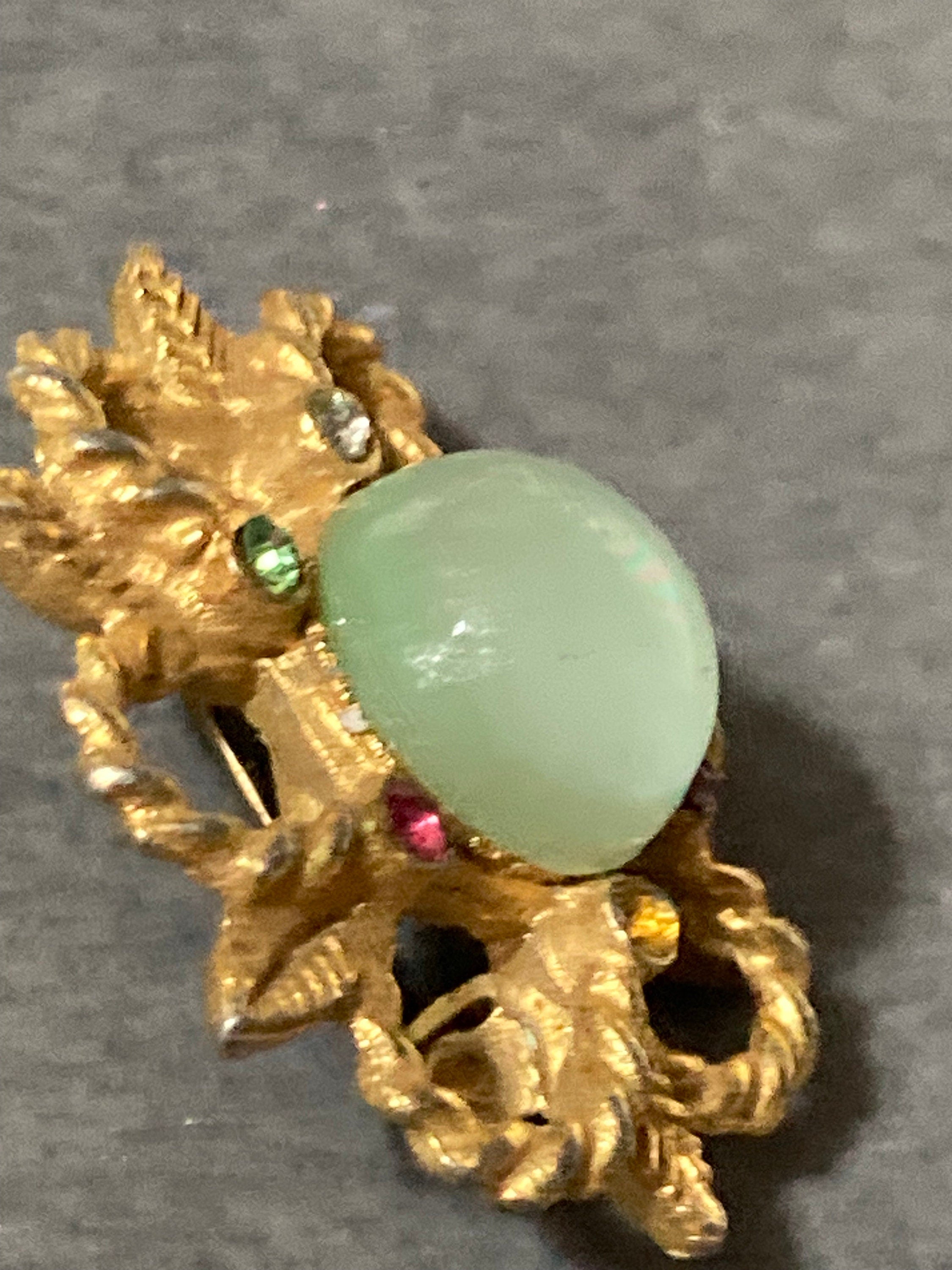 Small art deco rainbow diamanté paste and soft green cabochon brooch 3cm