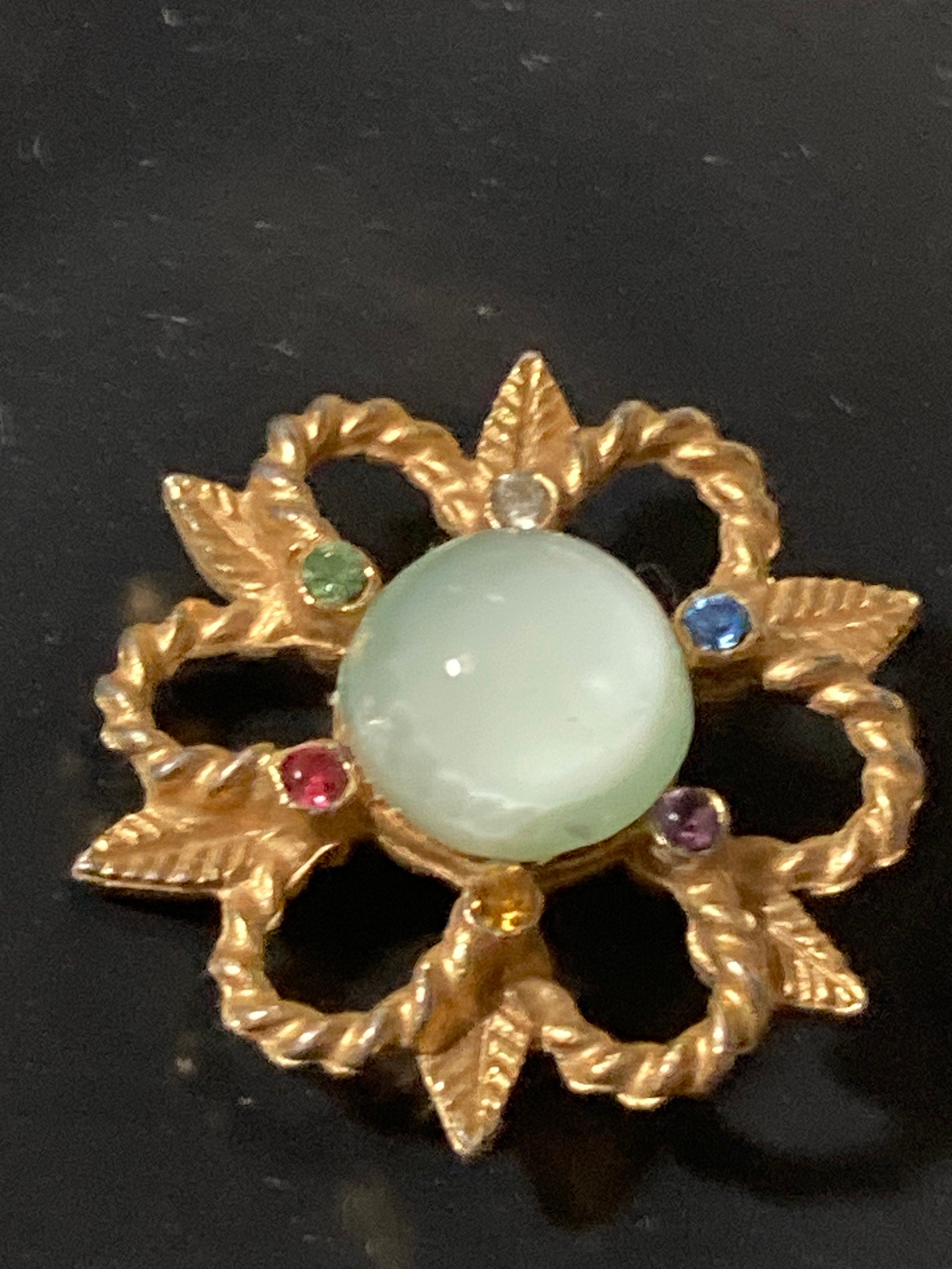 Small art deco rainbow diamanté paste and soft green cabochon brooch 3cm