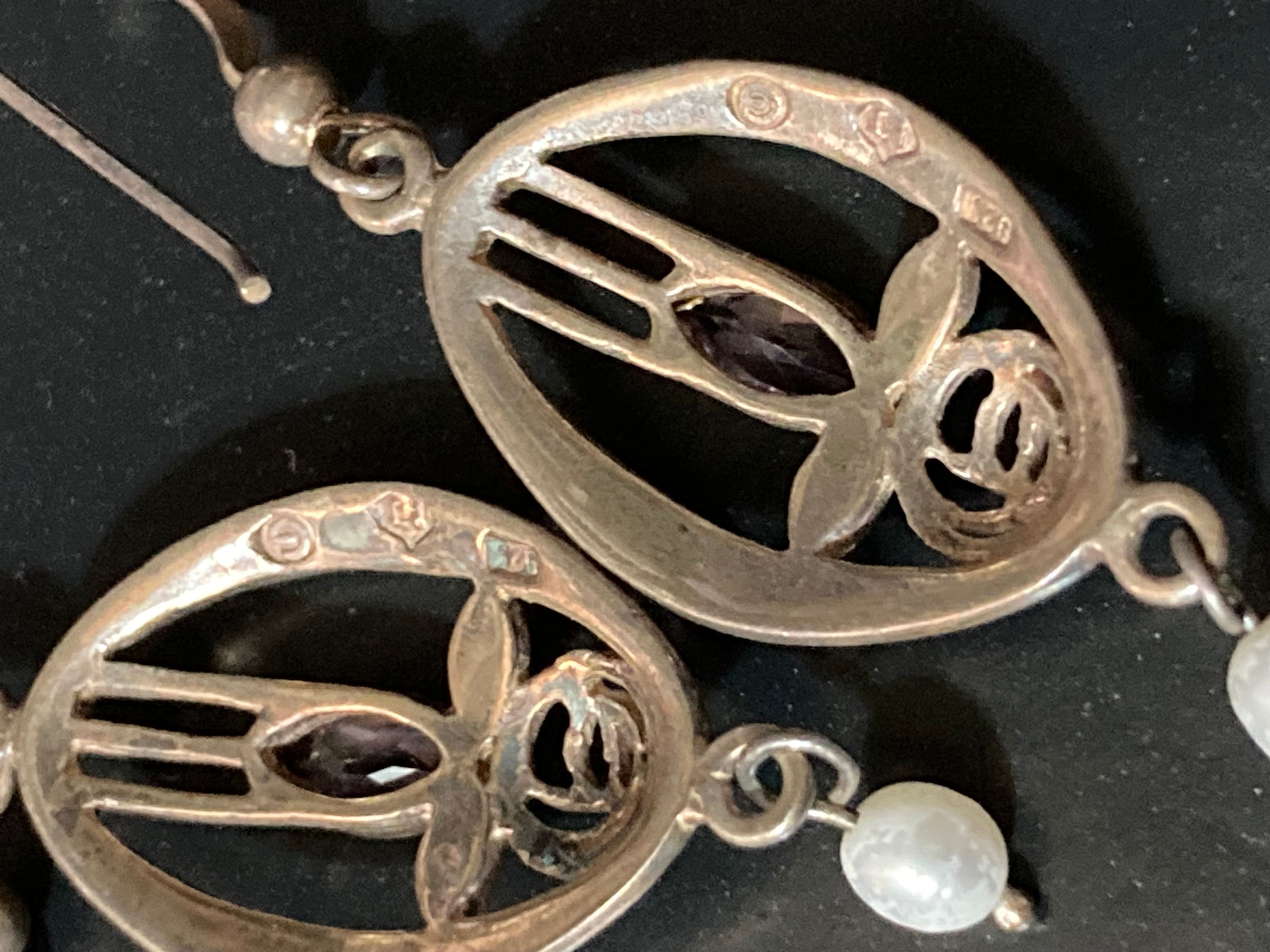 Art nouveau Amethyst gemstone 925 silver drop retro earrings