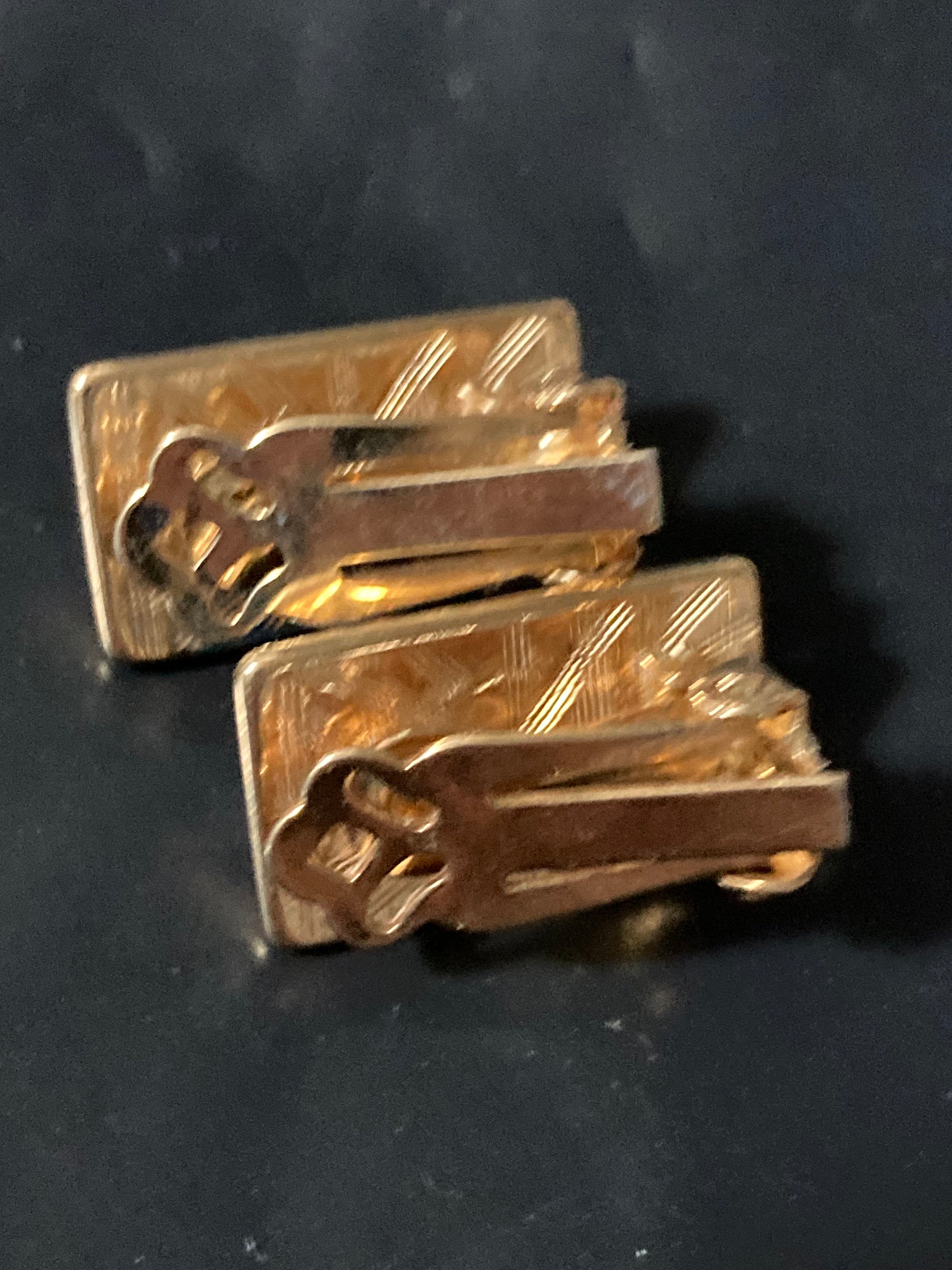 Vintage gold tone clip on rectangular blue cabochon gold stud earrings