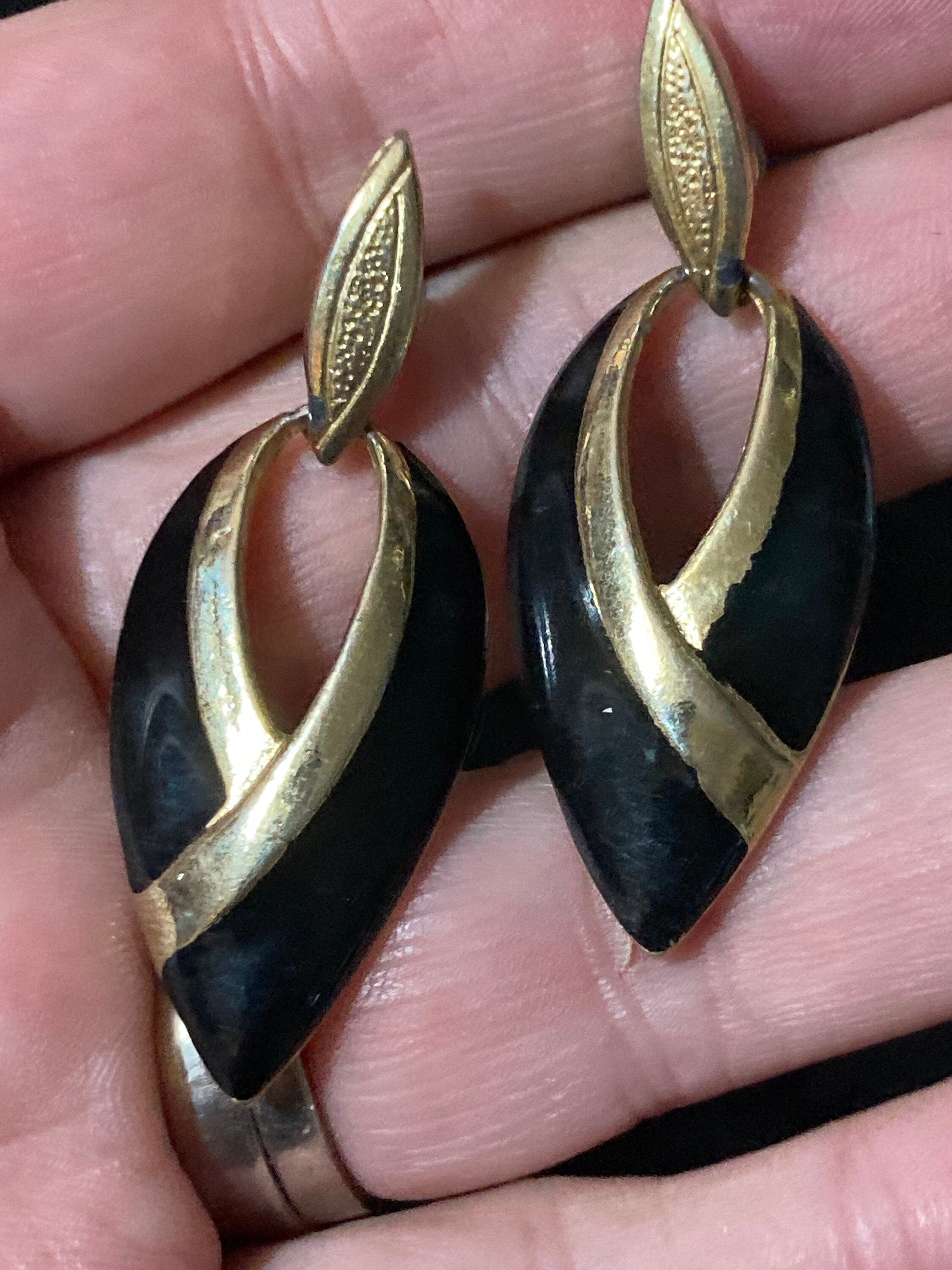 Vintage 1980s Gold tone Black enamel pair door knocker dangly drop earrings pierced