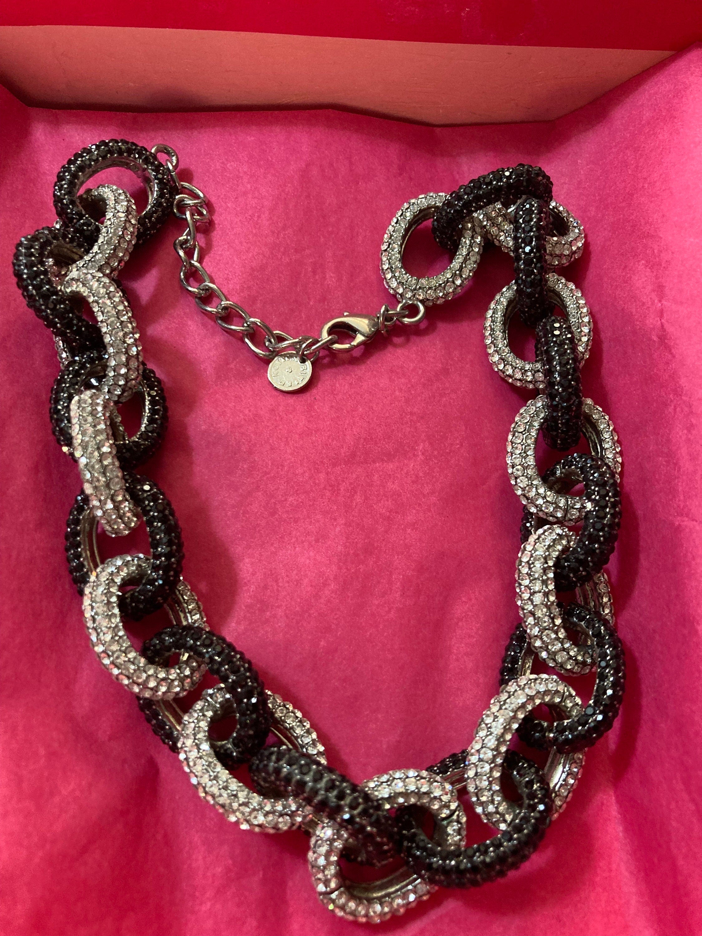 Signed butler and Wilson oversized black clear glass diamante rhinestone chain link pave necklace adjustable length