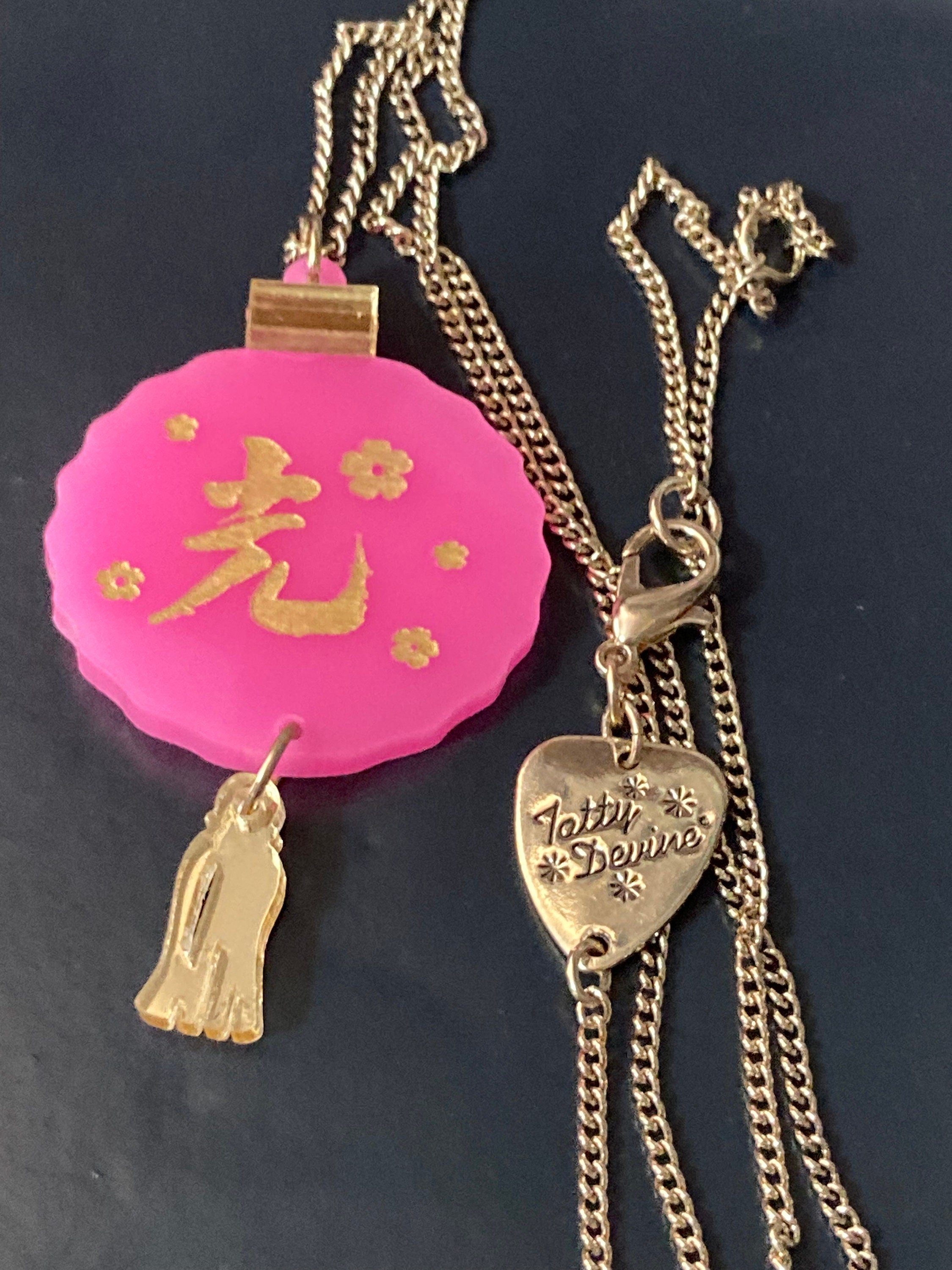 Tatty Devine Chinese lantern bright pink and gold pendant necklace