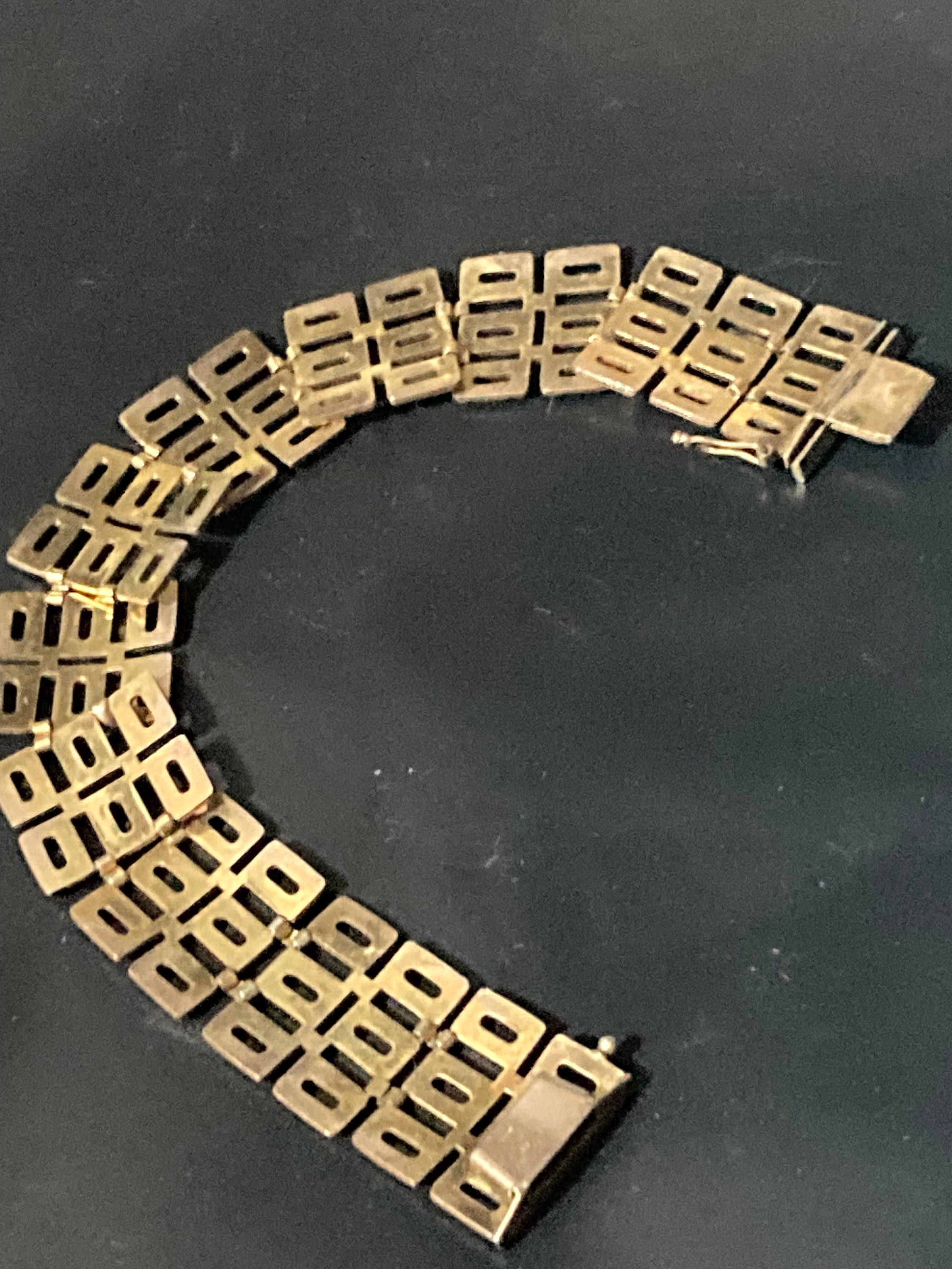 Kollmar & Jourdan Vintage Signed AMERIC KJ Designer 1970s articulated open work rolled gold filled panel bracelet
