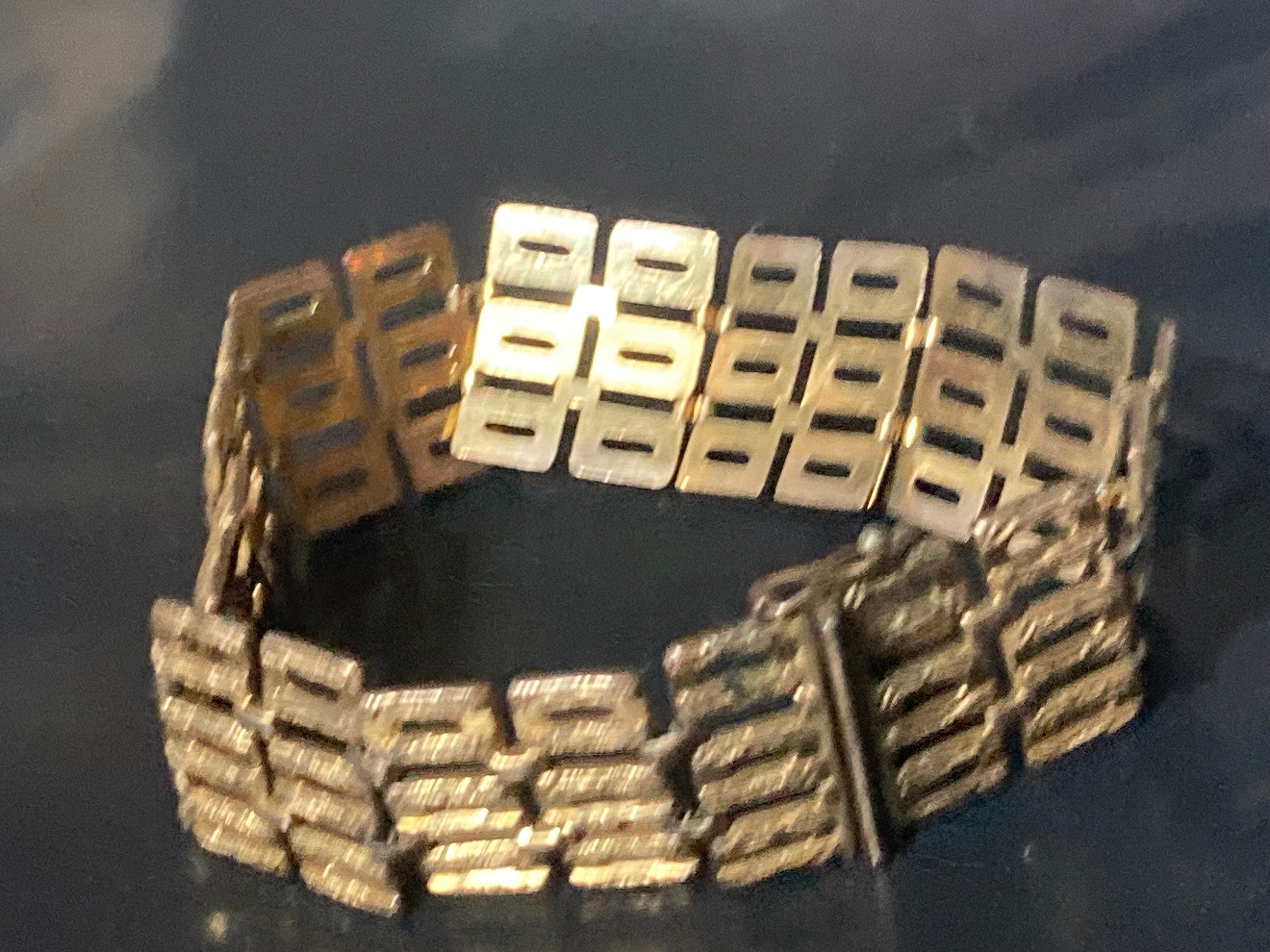 Kollmar & Jourdan Vintage Signed AMERIC KJ Designer 1970s articulated open work rolled gold filled panel bracelet