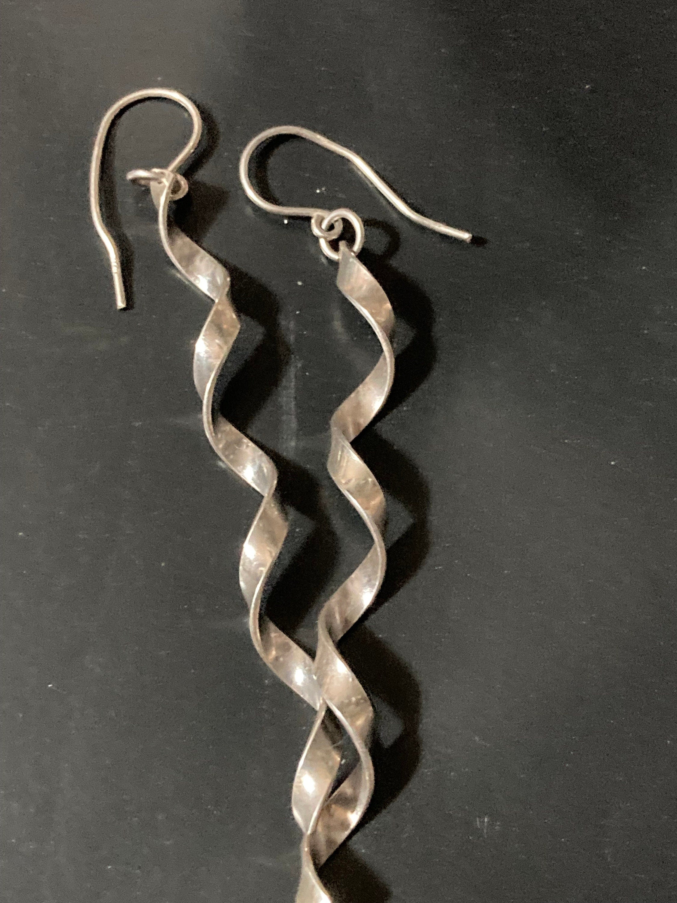 modernist Sterling 925 Silver twisted long dangly Earrings Pierced 7.5cm