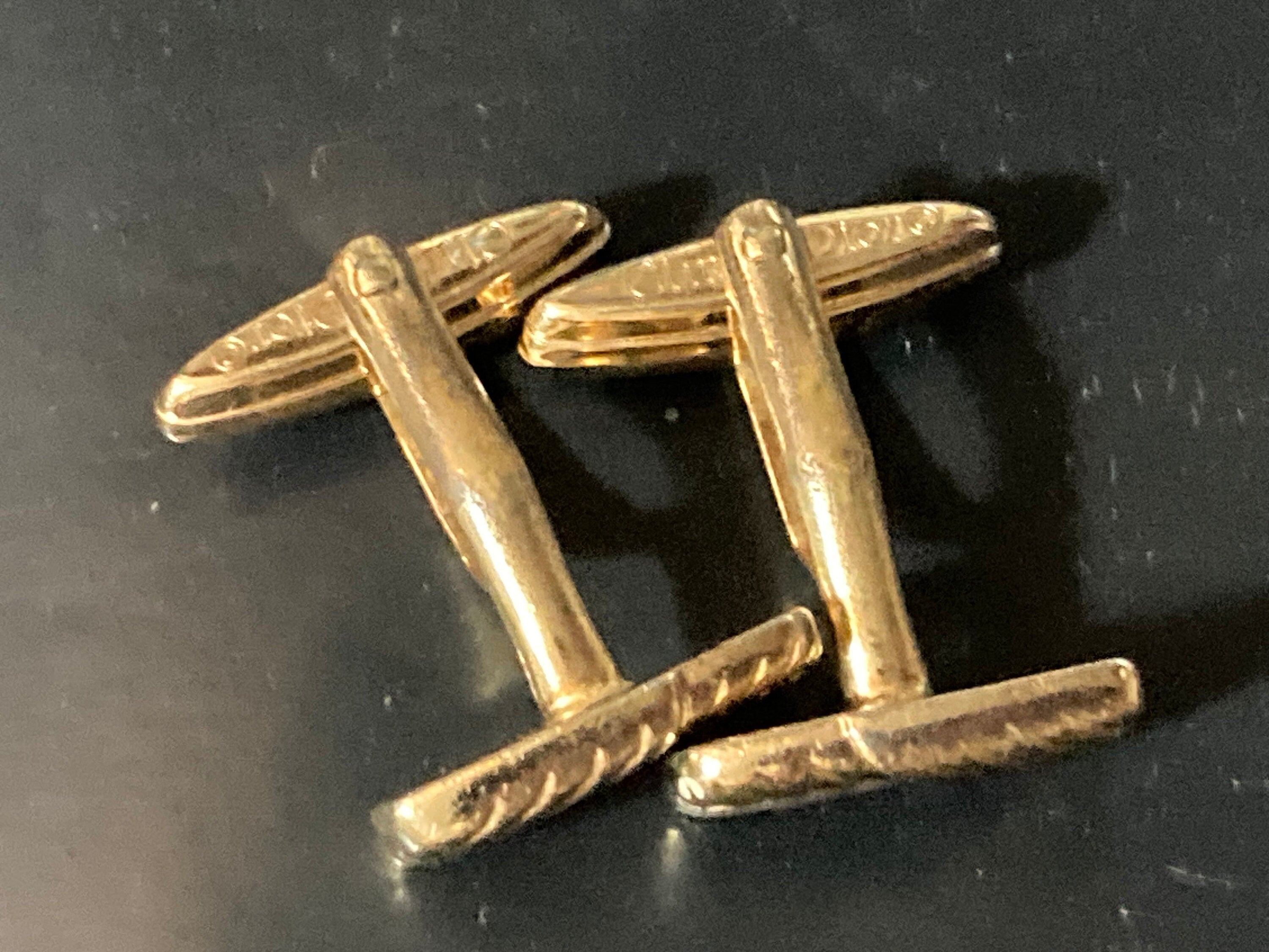 CD monogram signed CHRISTIAN DIOR cufflinks gold and brushed silver tone metal mens vintage designer