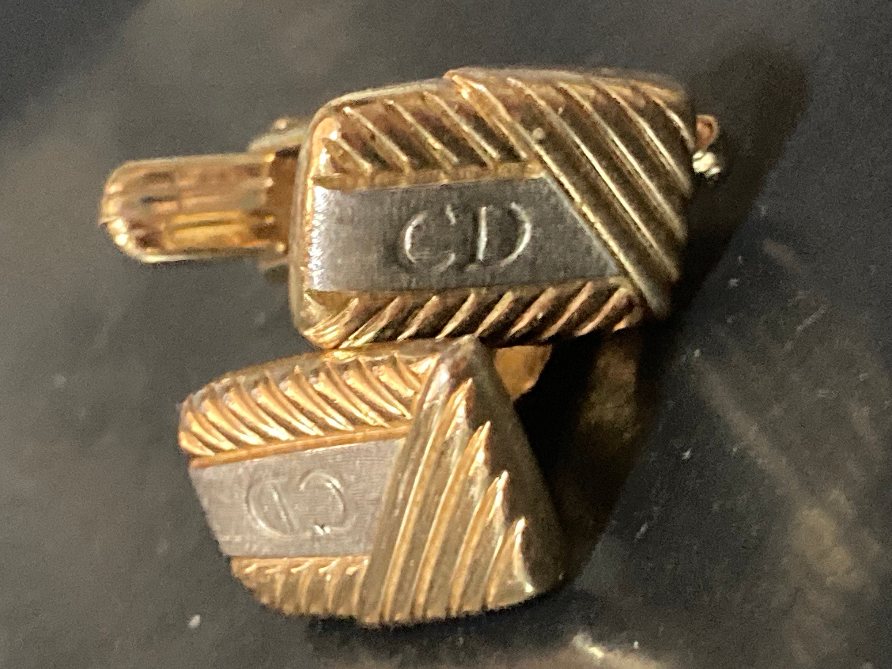 CD monogram signed CHRISTIAN DIOR cufflinks gold and brushed silver tone metal mens vintage designer
