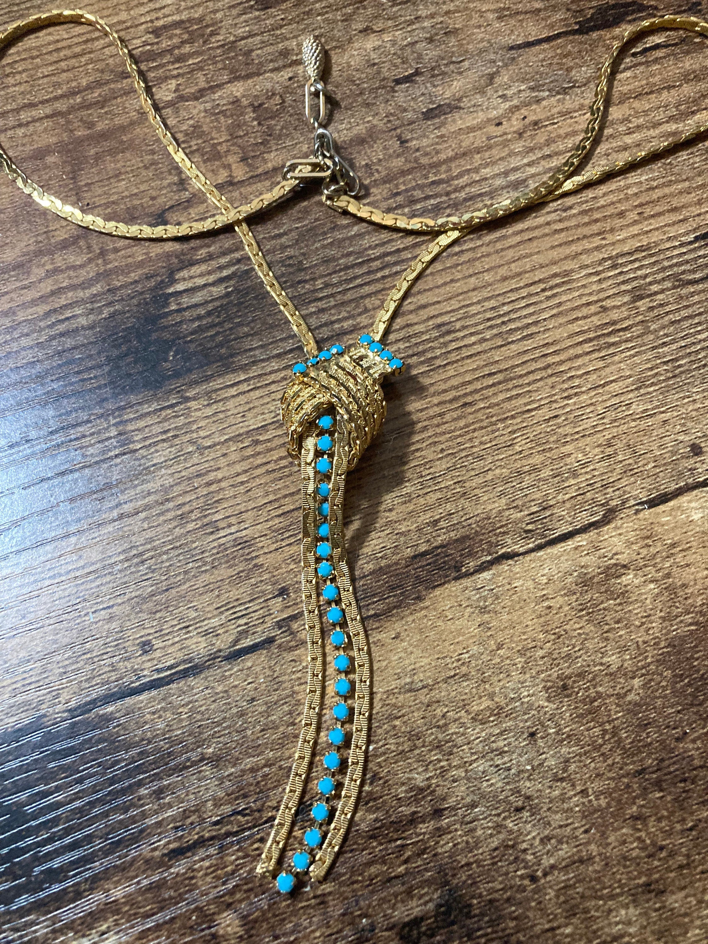 Vintage gold tone mesh lariat drop necklace with turquoise glass paste stones