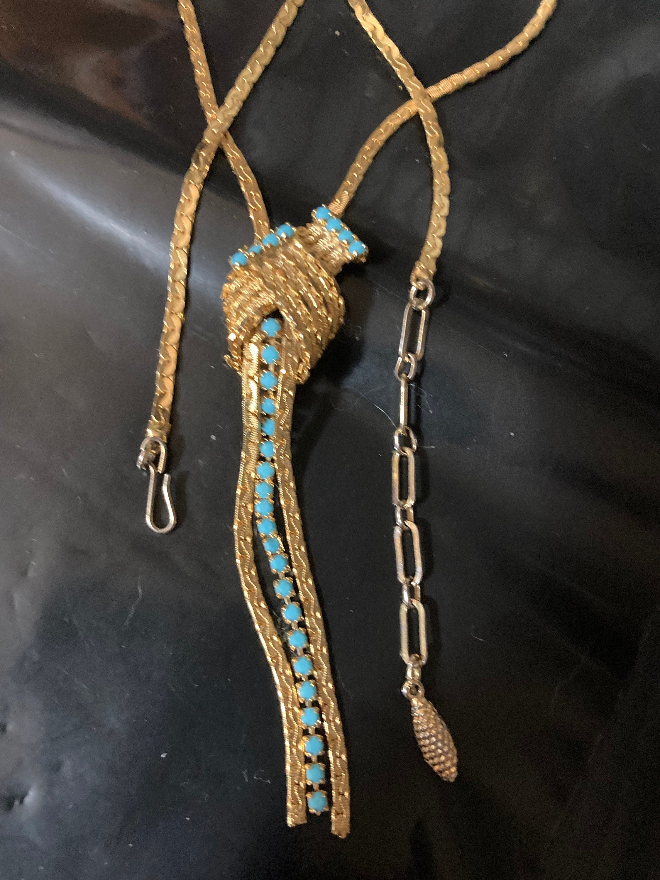 Vintage gold tone mesh lariat drop necklace with turquoise glass paste stones