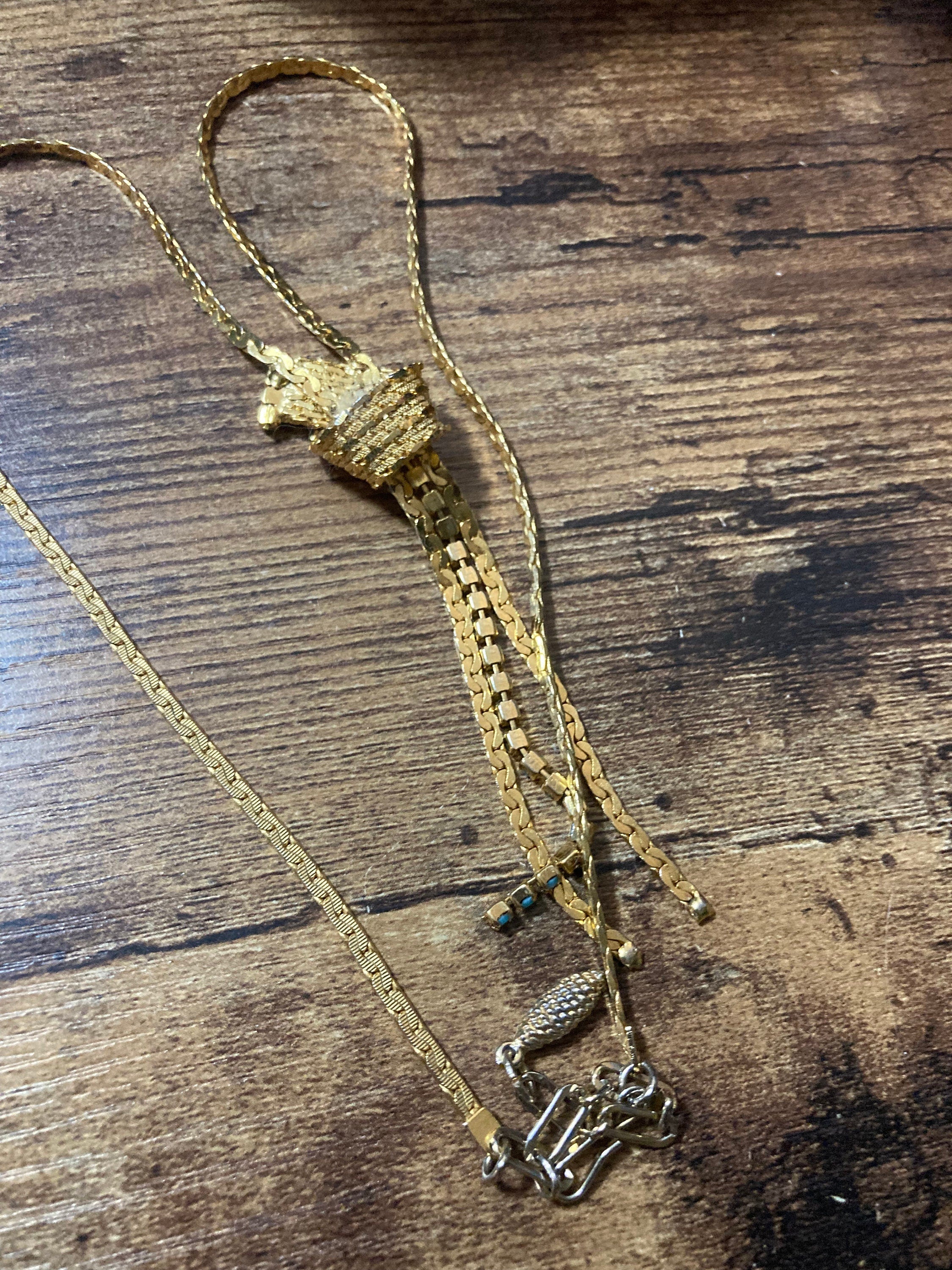 Vintage gold tone mesh lariat drop necklace with turquoise glass paste stones