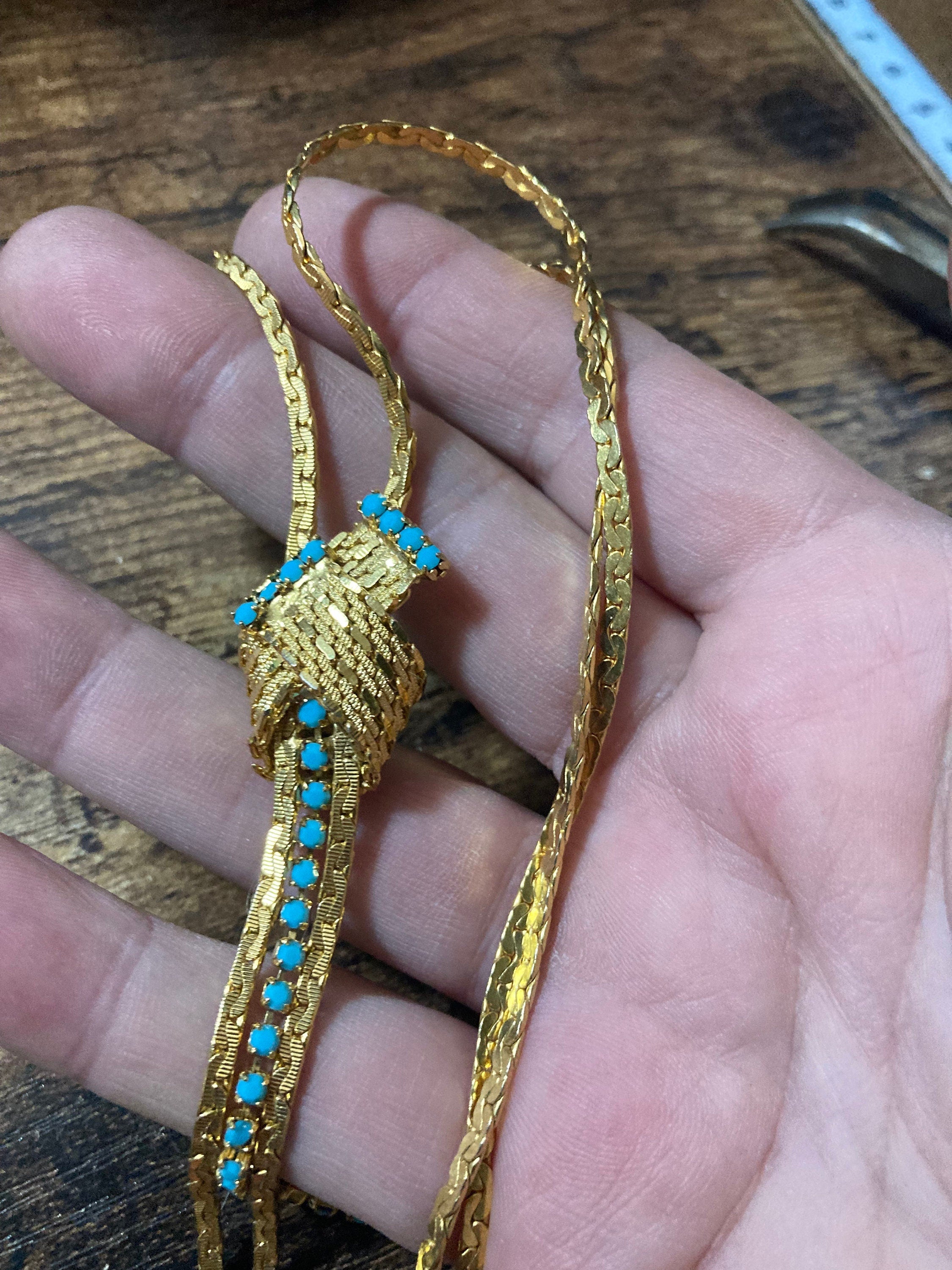 Vintage gold tone mesh lariat drop necklace with turquoise glass paste stones