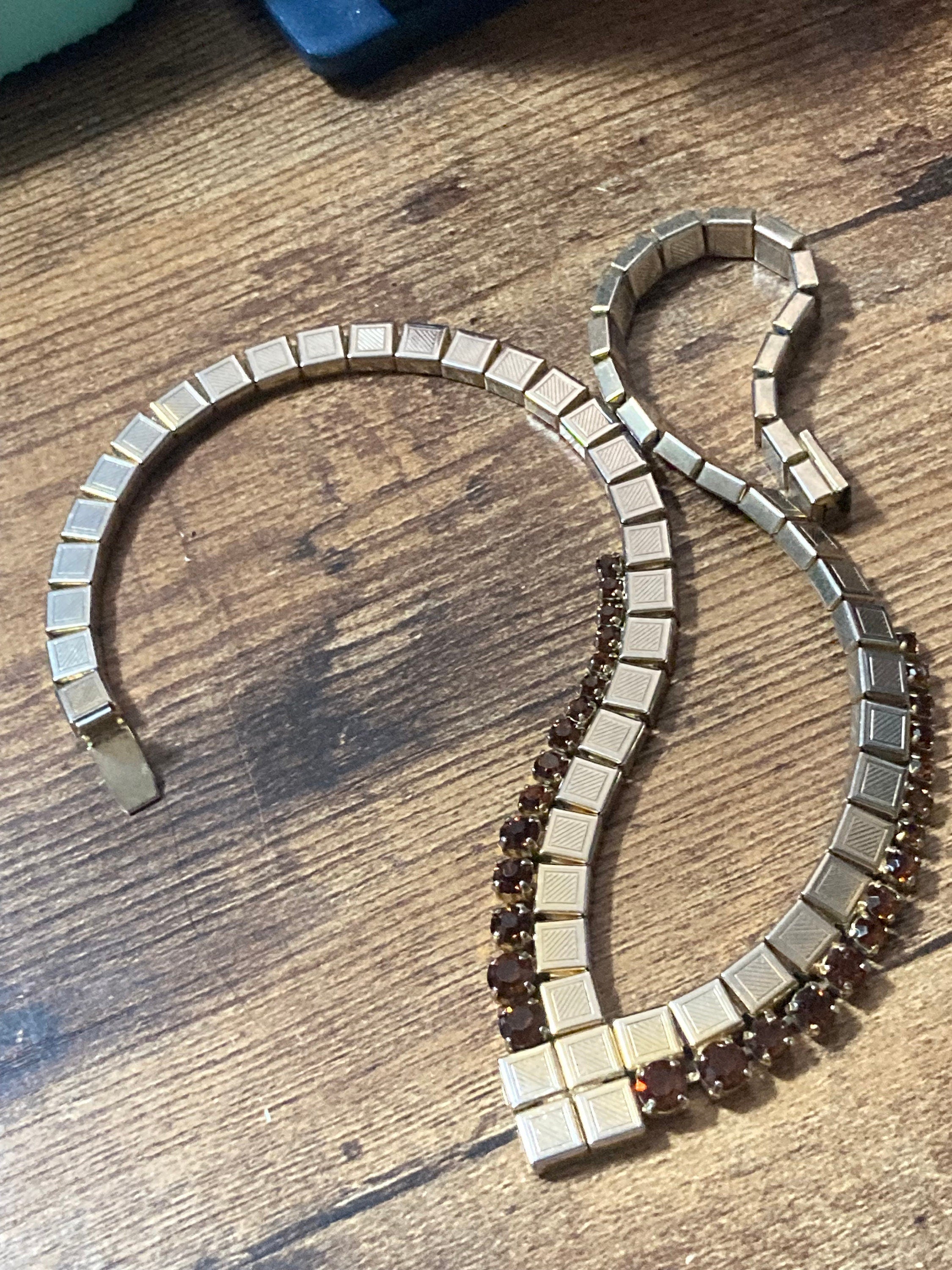Vintage brown cognac glass diamanté rhinestone choker necklace gold tone mesh