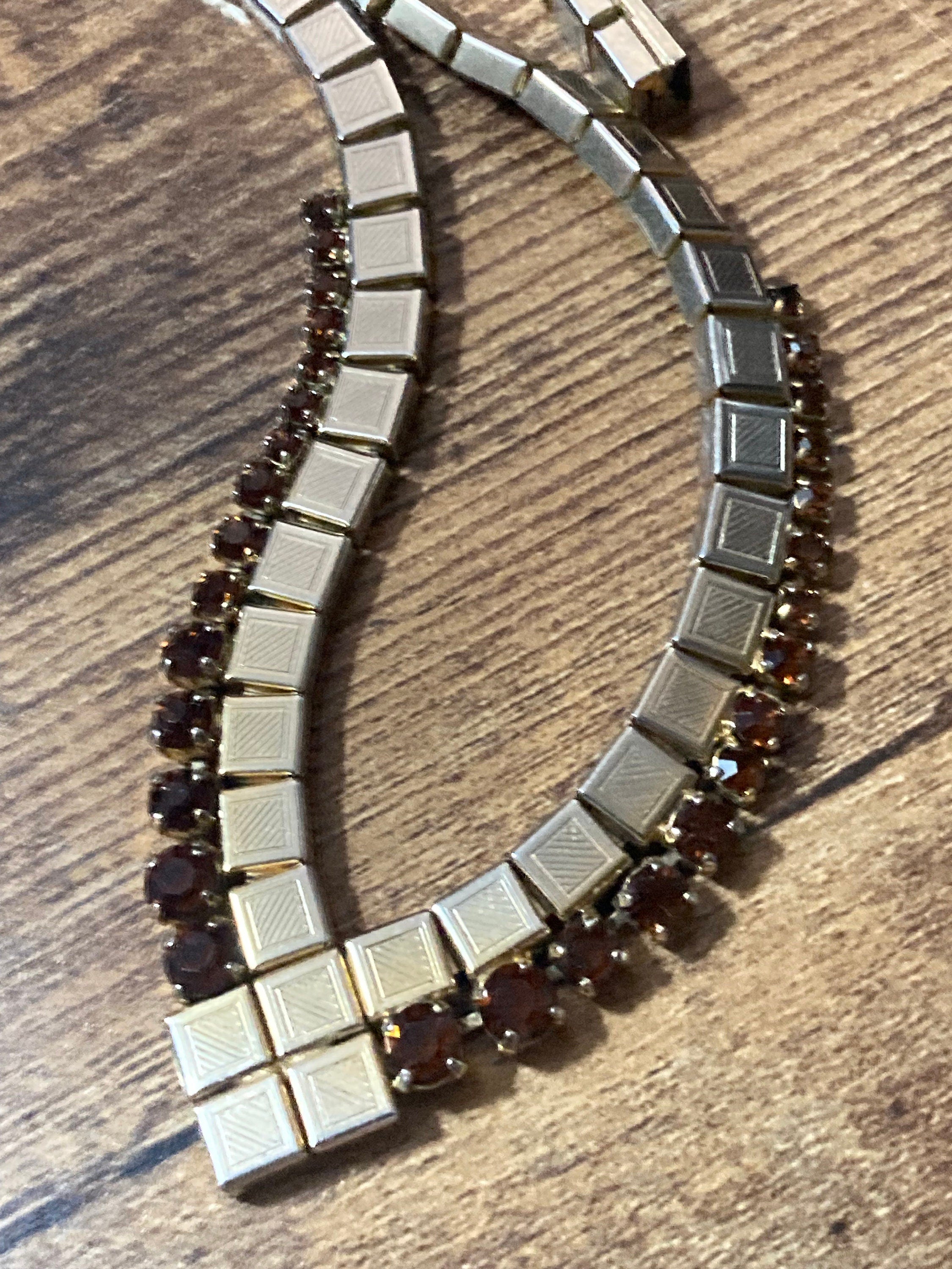 Vintage brown cognac glass diamanté rhinestone choker necklace gold tone mesh