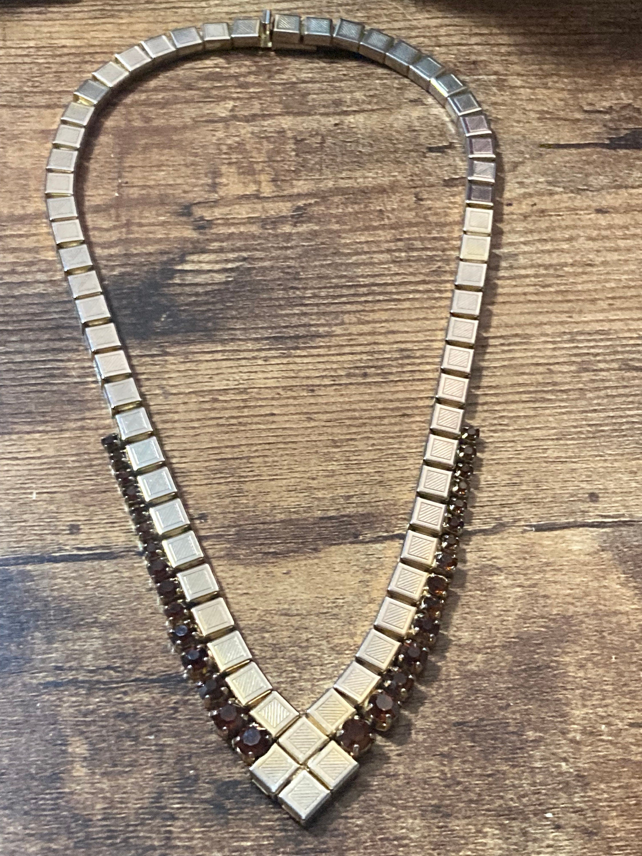 Vintage brown cognac glass diamanté rhinestone choker necklace gold tone mesh
