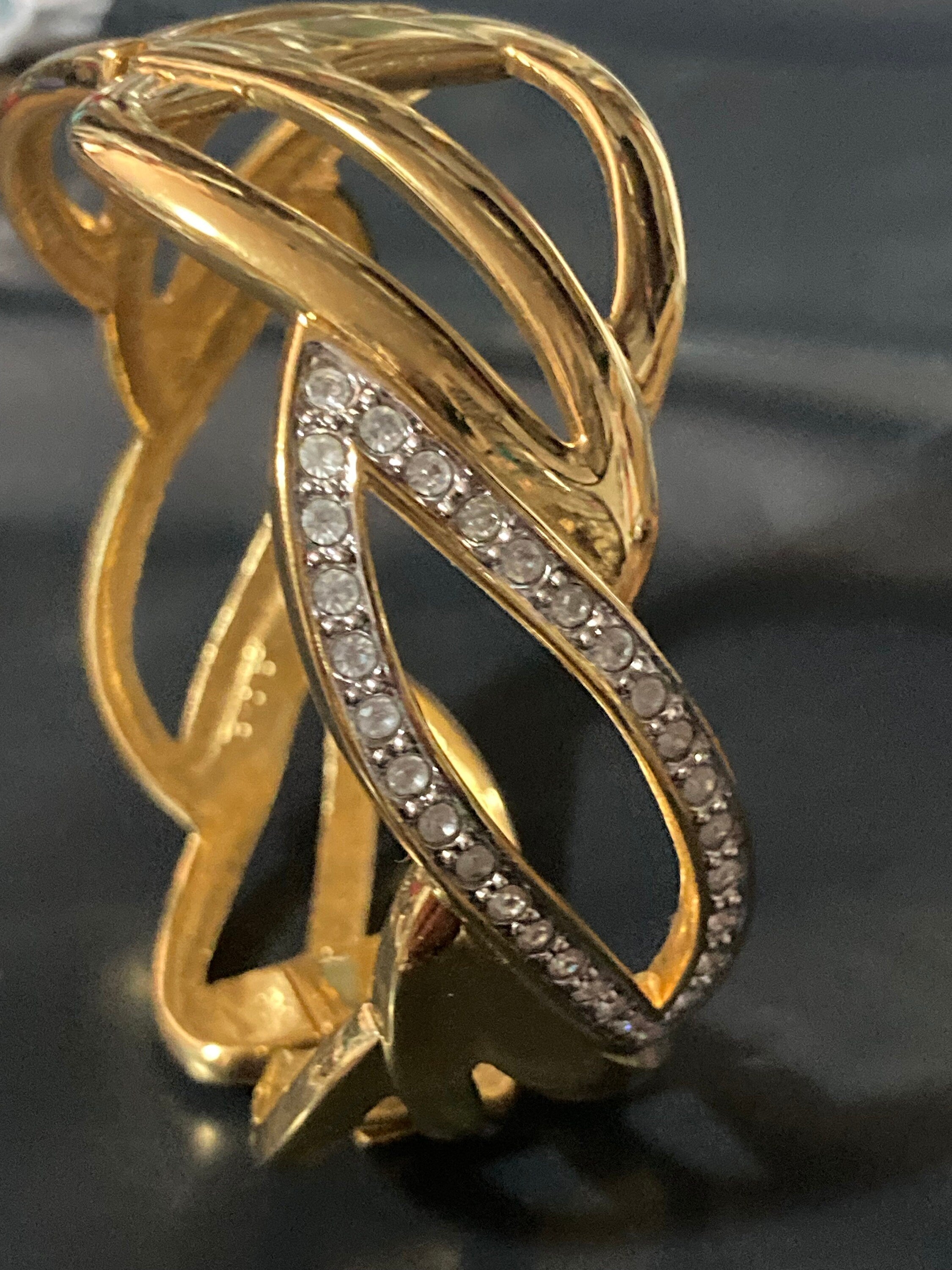 designer MONET signed gold tone wide crystal diamanté set high end clamper bangle bracelet gold tone