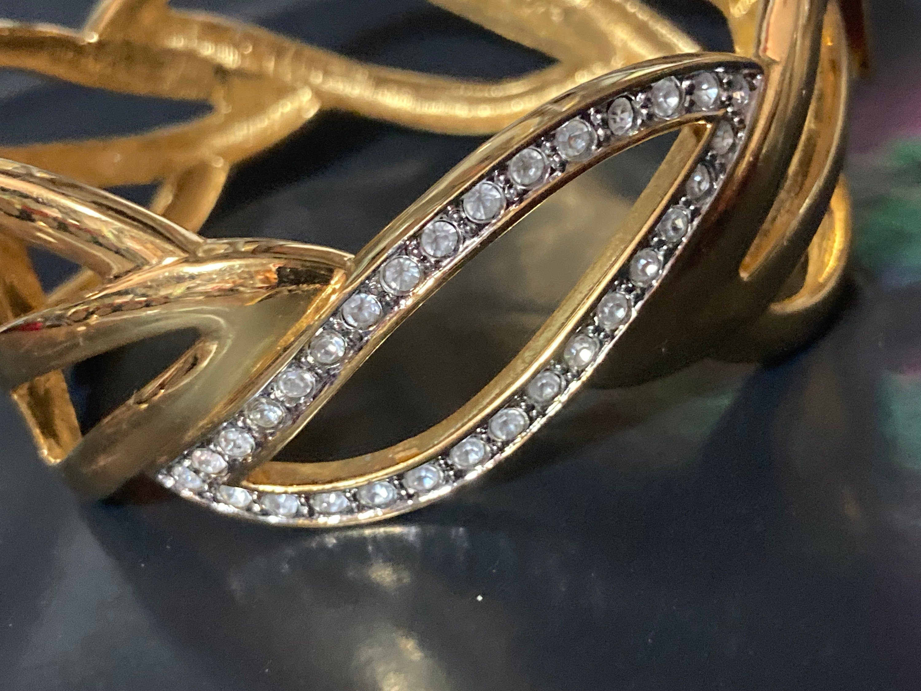 designer MONET signed gold tone wide crystal diamanté set high end clamper bangle bracelet gold tone