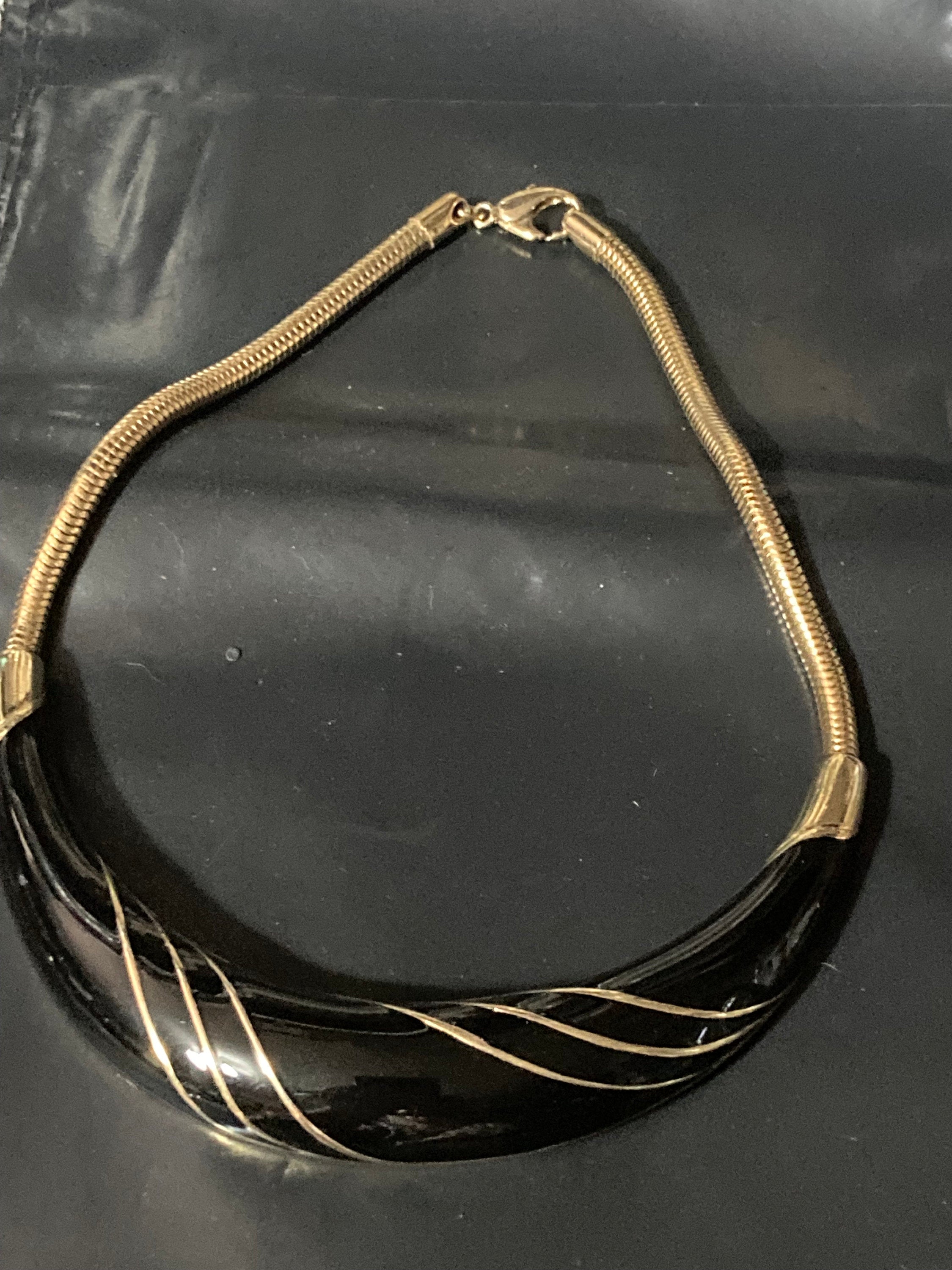 Vintage gold tone and black enamel Snake chain collar necklace