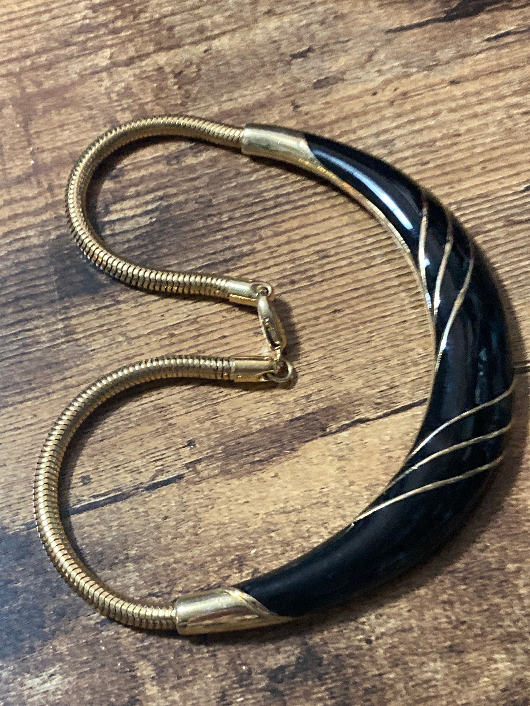 Vintage gold tone and black enamel Snake chain collar necklace