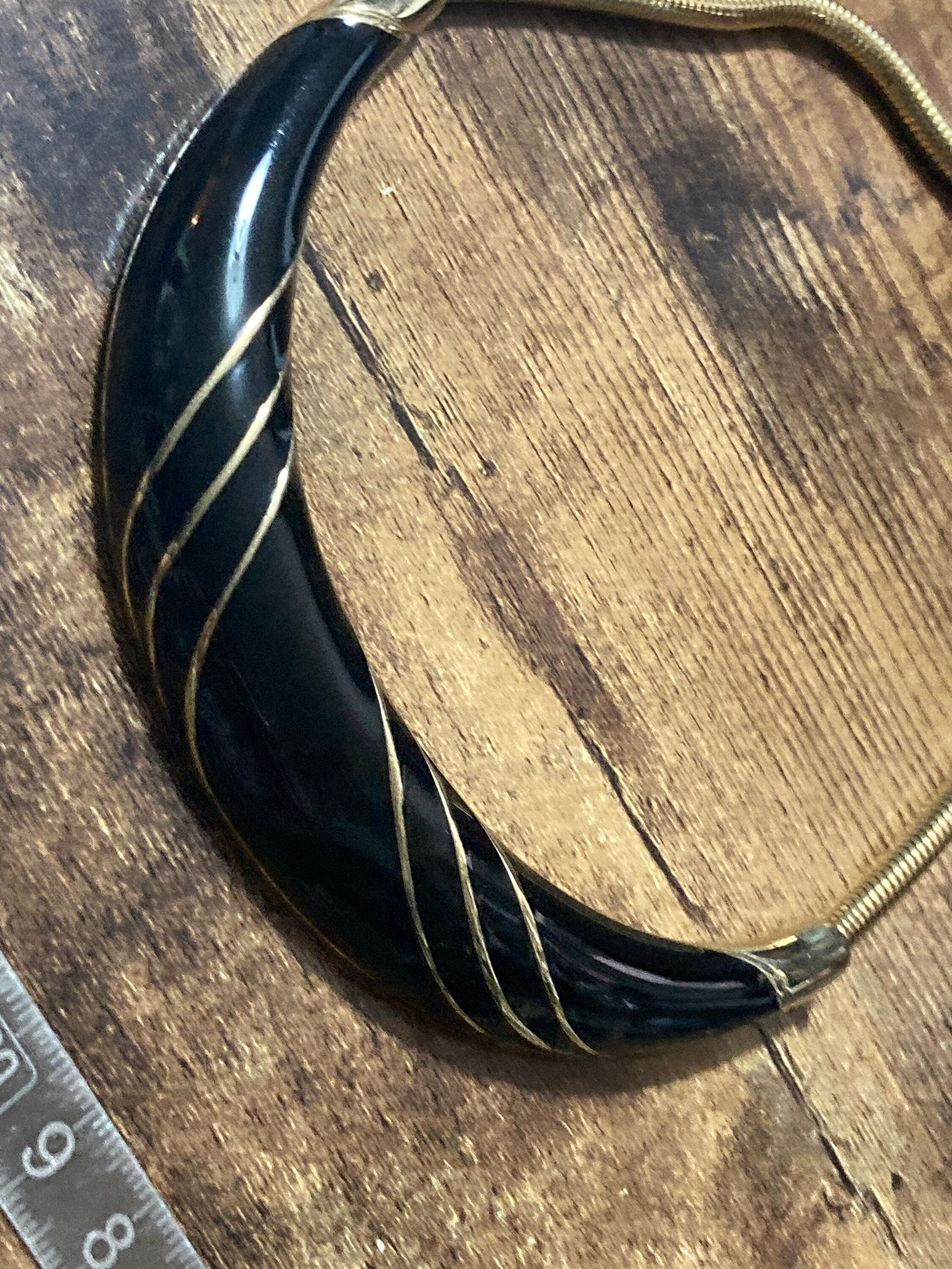 Vintage gold tone and black enamel Snake chain collar necklace