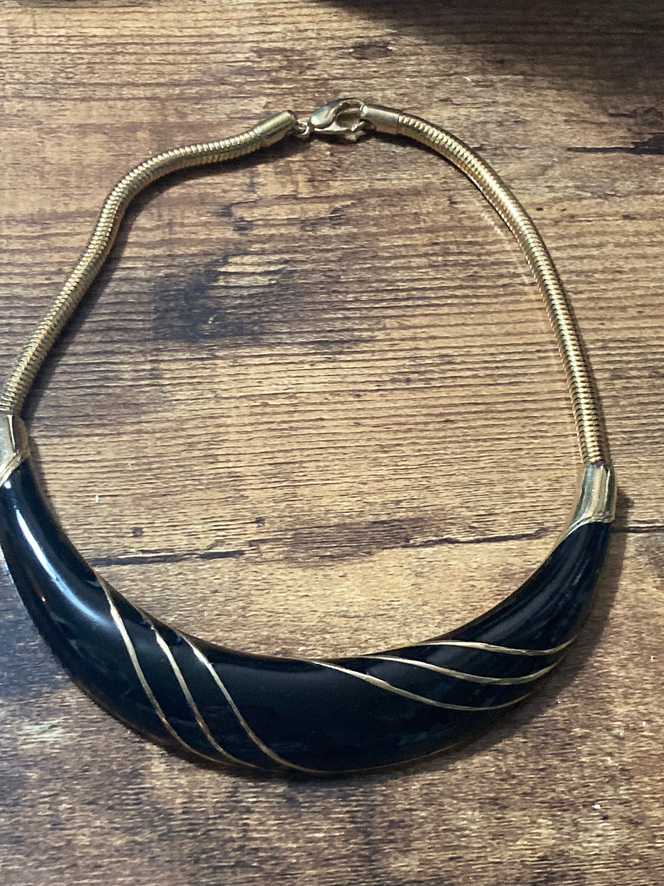 Vintage gold tone and black enamel Snake chain collar necklace