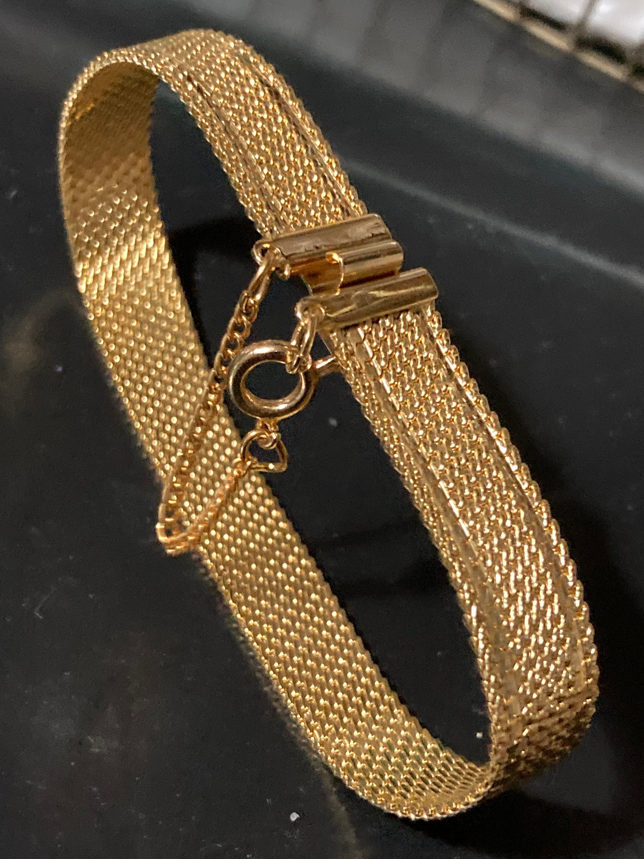 True Vintage pristine gold plated wide mesh flat link bangle bracelet 19 x 1cm old shop stock