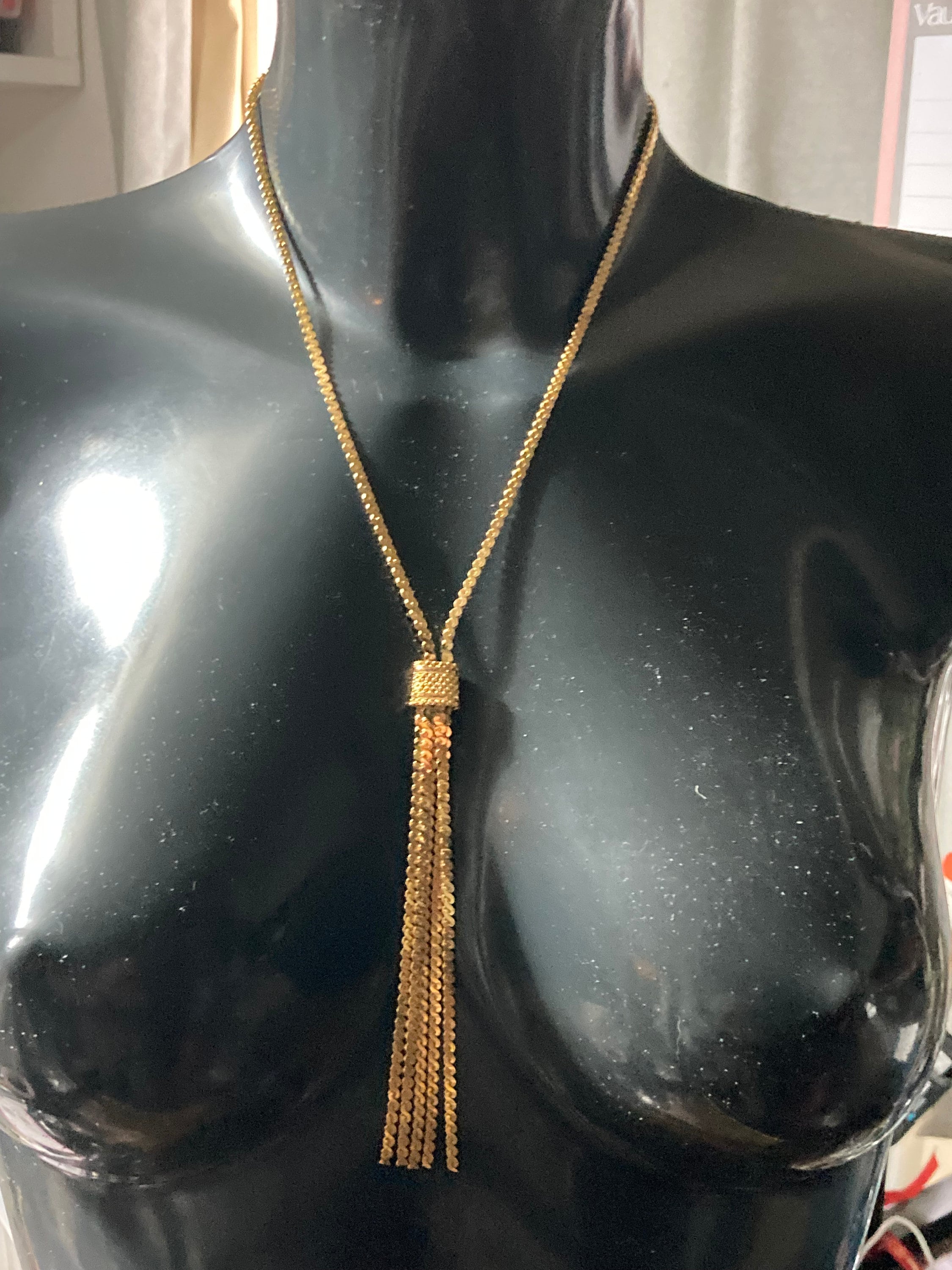Vintage tassel chain 1970s 18k hard gold plated serpentine negligee long drop necklace old shop stock