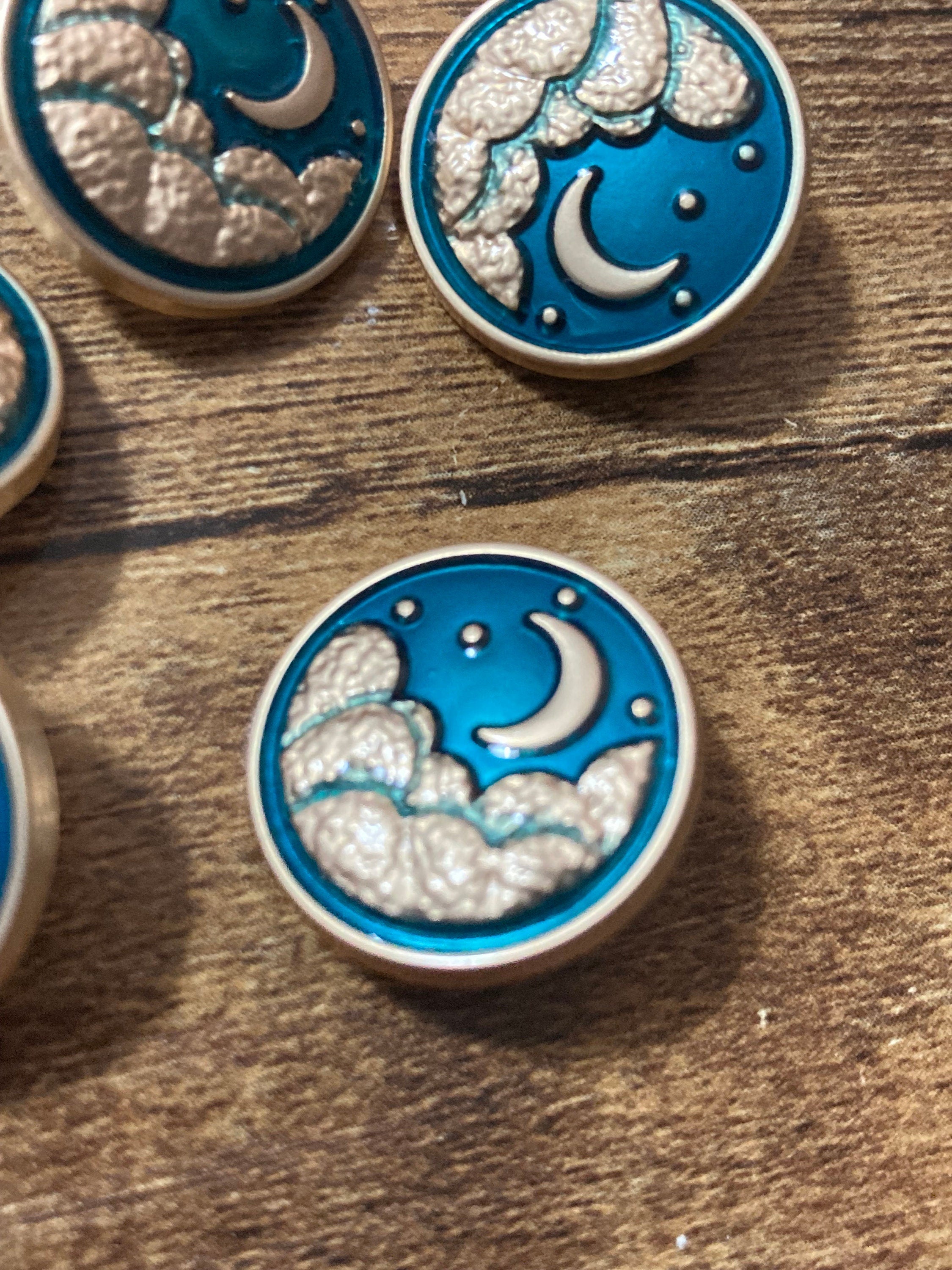 gold tone blue enamel star and moon buttons with metal shank, Pack 5 x 20mm